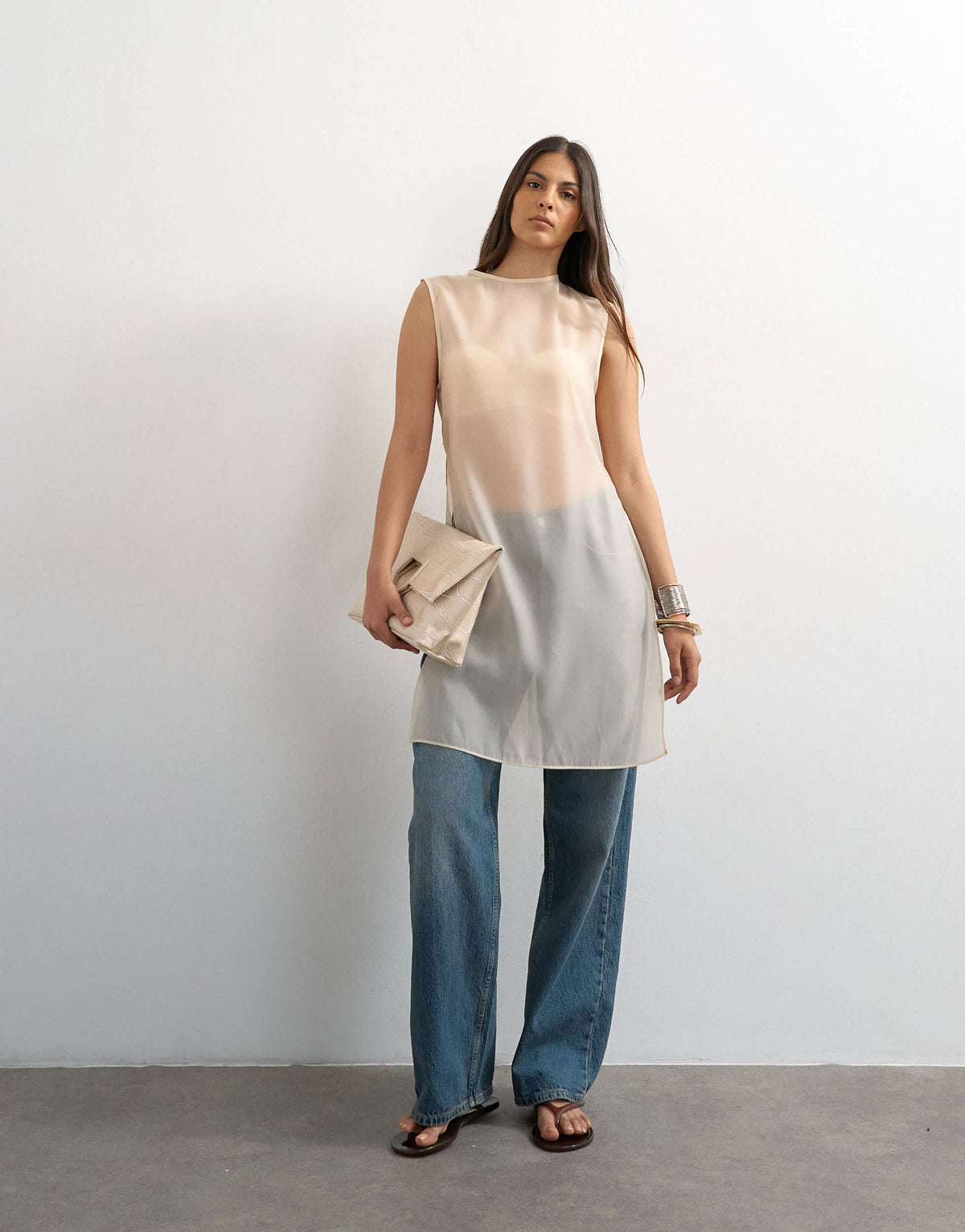 Topshop longline sheer organza tunic in oyster