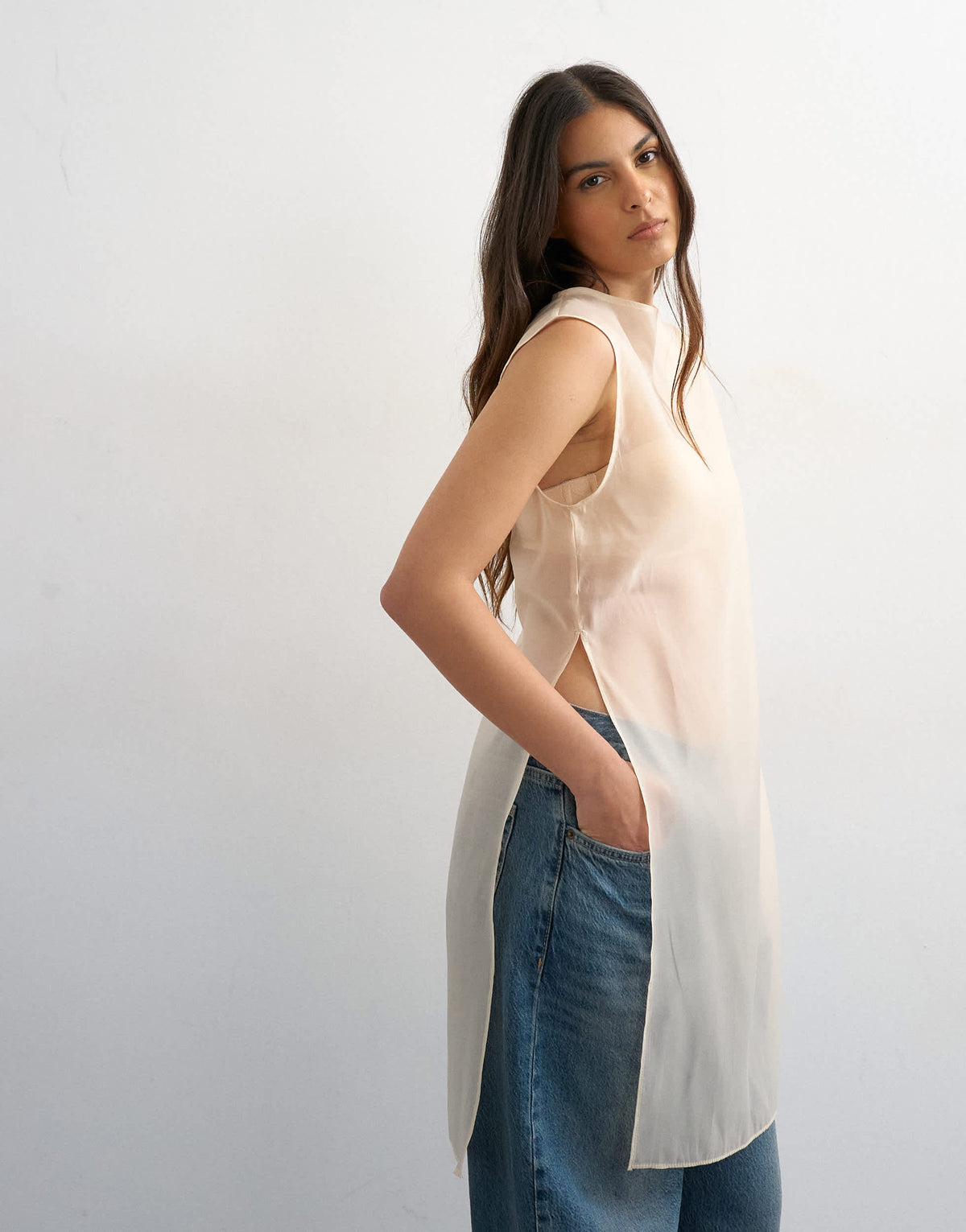 Topshop longline sheer organza tunic in oyster
