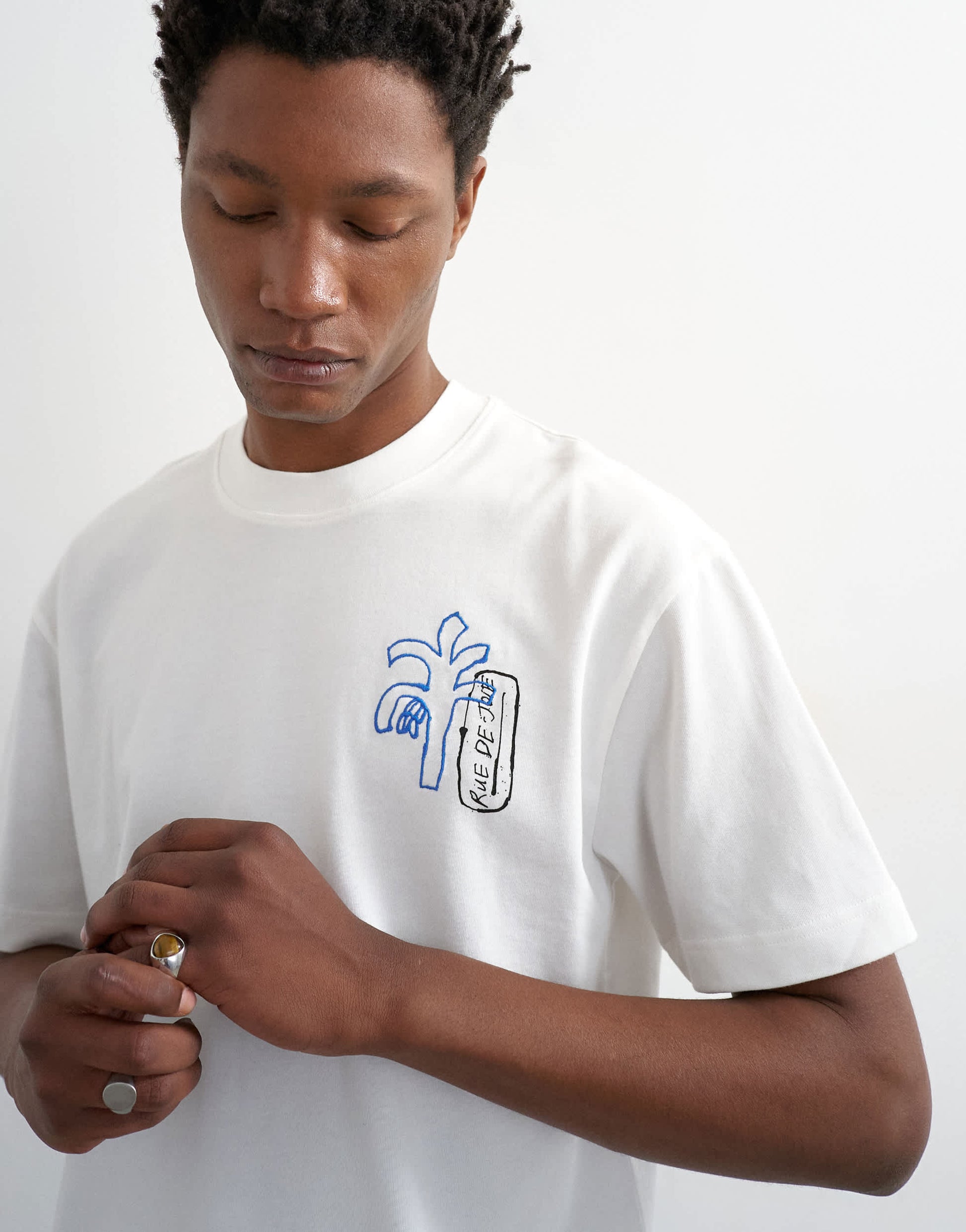 Topman relaxed fit t-shirt with magique front and back embroidery in ecru