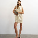Topshop linen rich exaggerated shoulder mini dress in beige