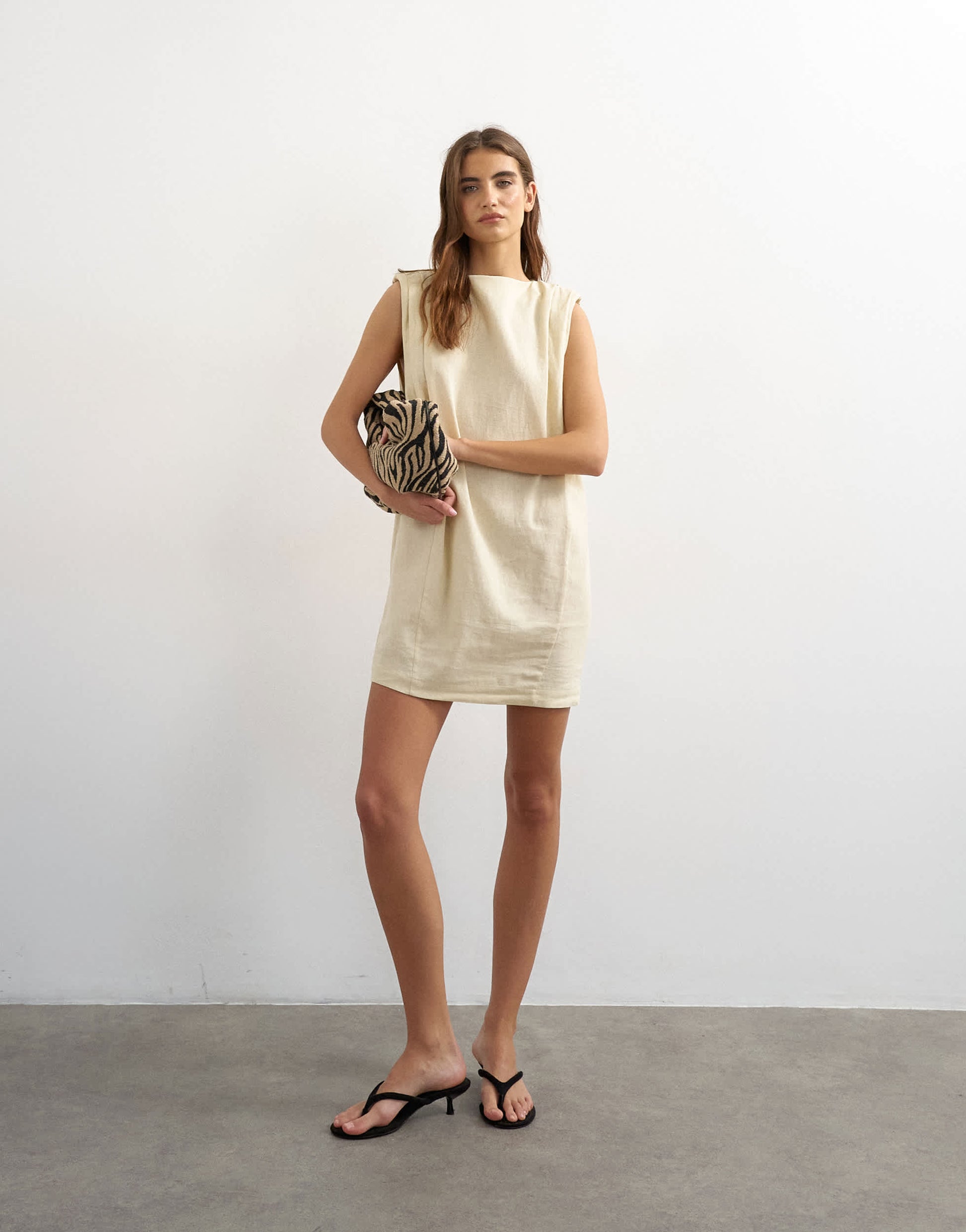 Topshop linen rich exaggerated shoulder mini dress in beige