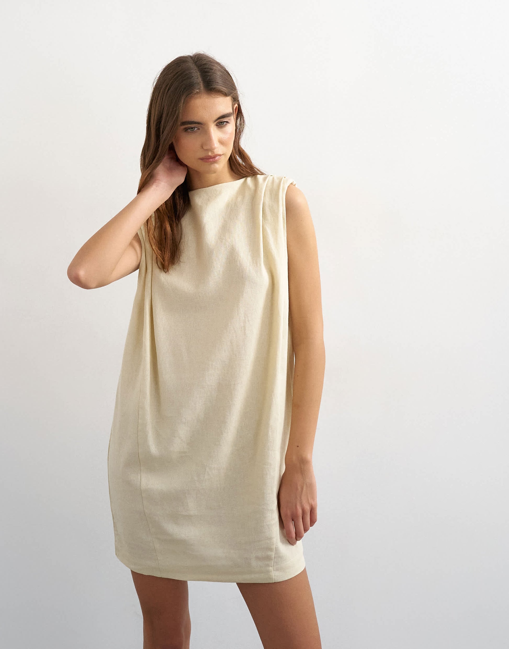 Topshop linen rich exaggerated shoulder mini dress in beige