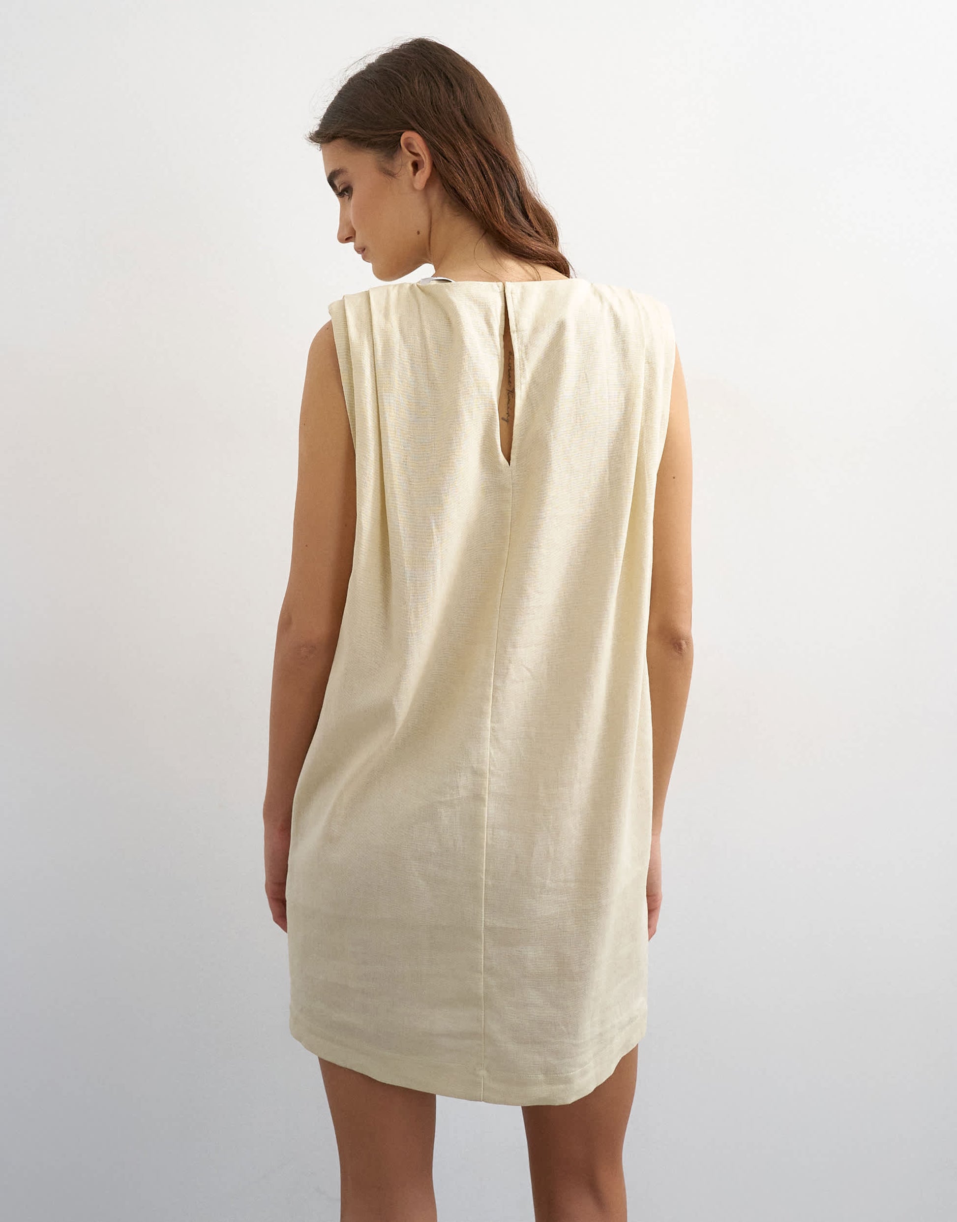 Topshop linen rich exaggerated shoulder mini dress in beige