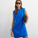 Topshop linen rich exaggerated shoulder mini dress in cobalt