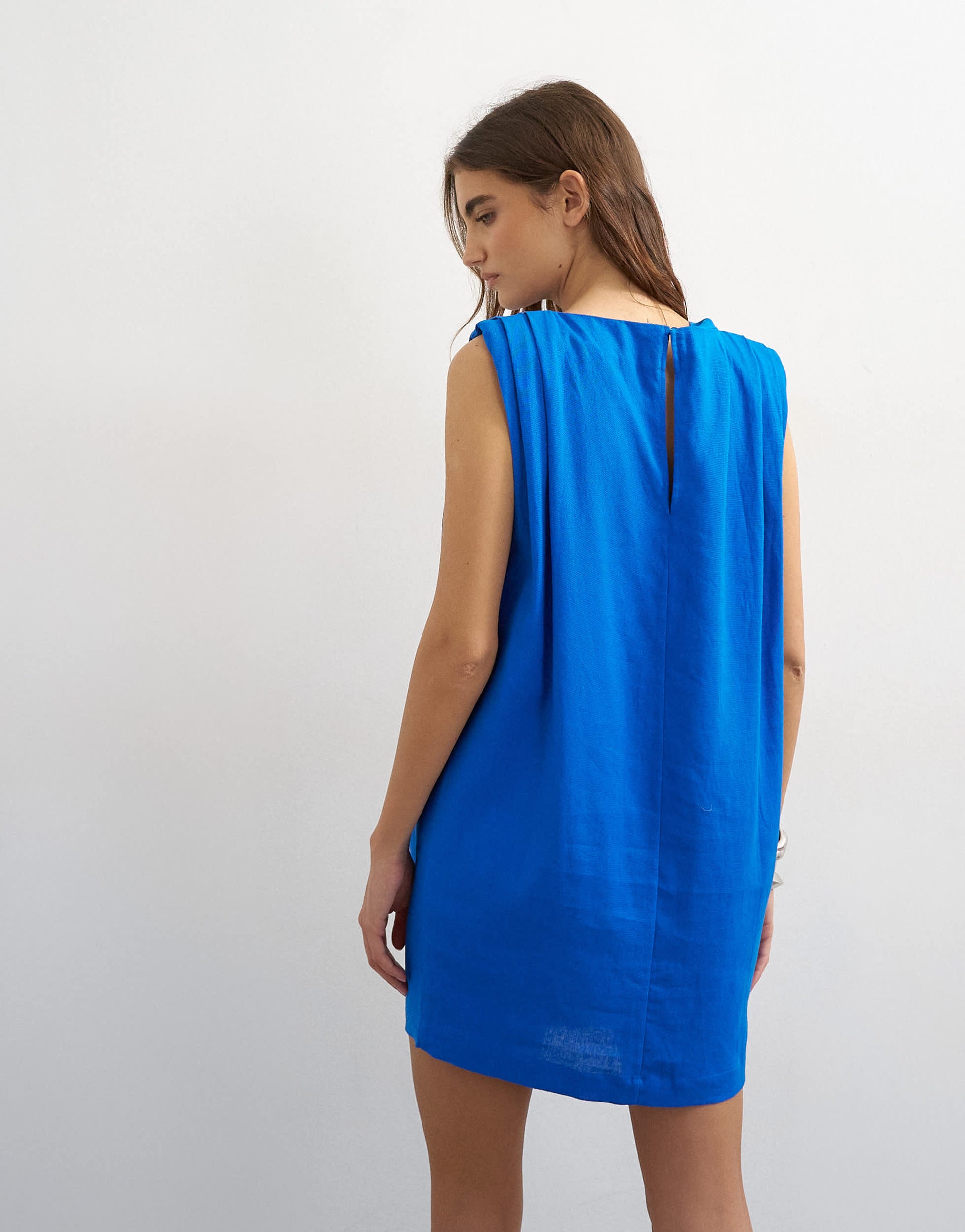 Topshop linen rich exaggerated shoulder mini dress in cobalt
