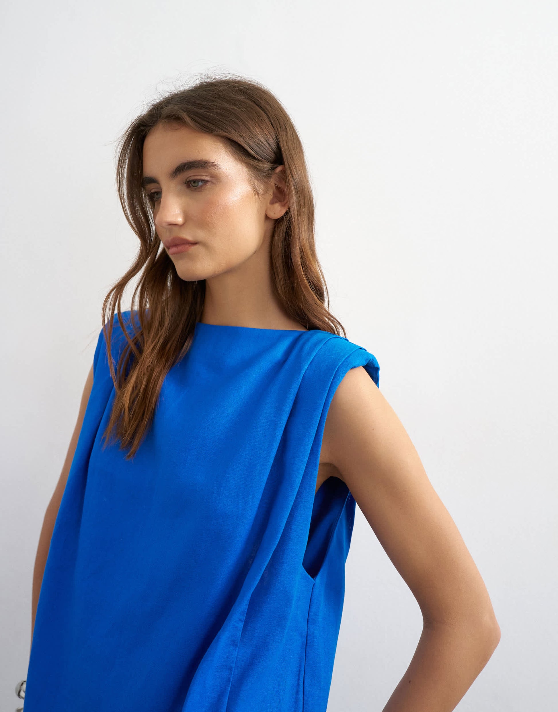 Topshop linen rich exaggerated shoulder mini dress in cobalt