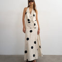 Topshop premium halter neck wrap maxi dress in natural mono polka dot