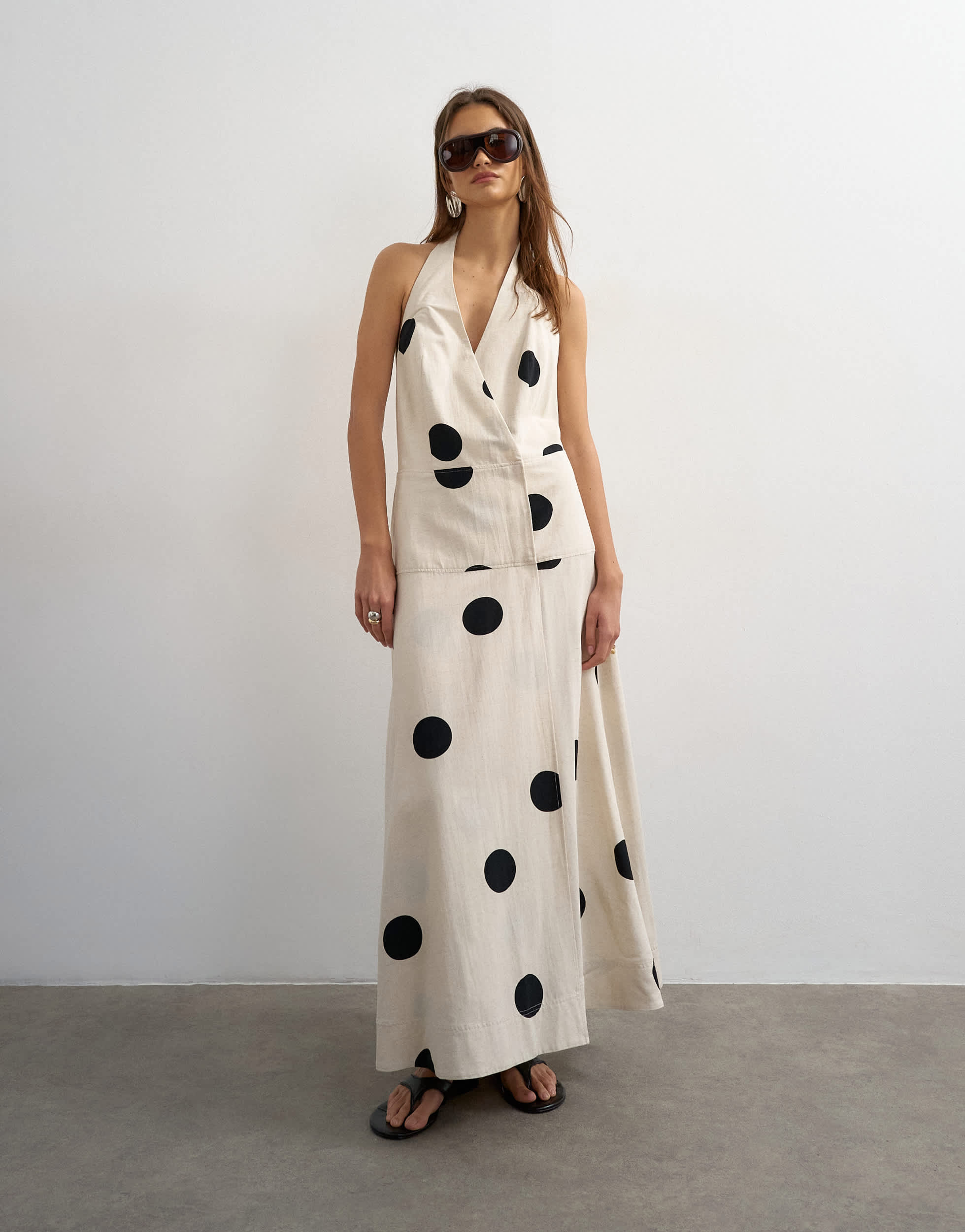Topshop premium halter neck wrap maxi dress in natural mono polka dot