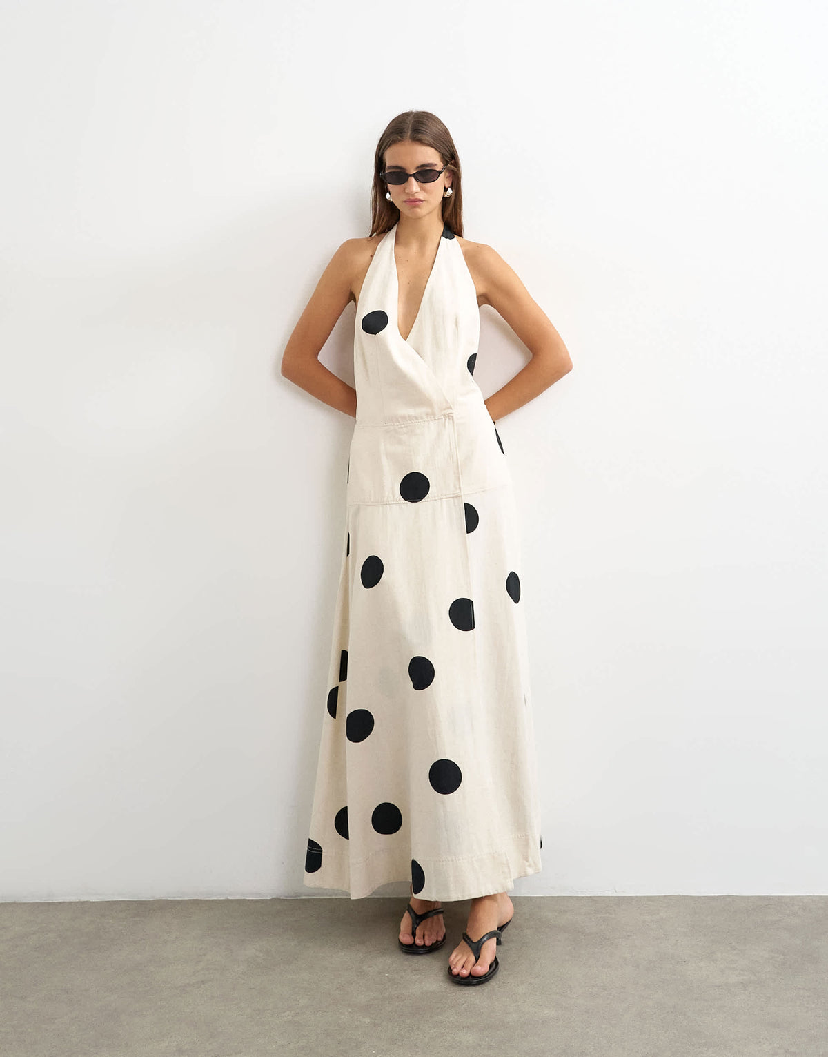 Topshop premium halter neck wrap maxi dress in natural mono polka dot