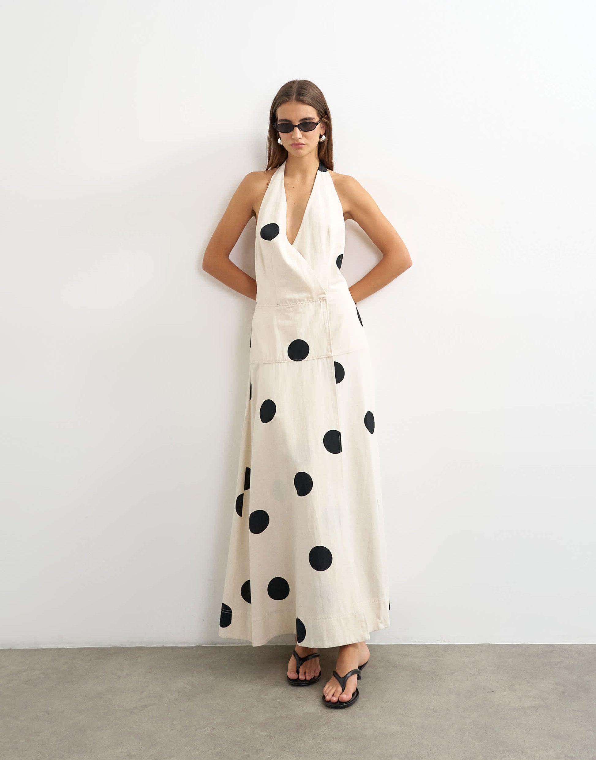 Topshop premium halter neck wrap maxi dress in natural mono polka dot