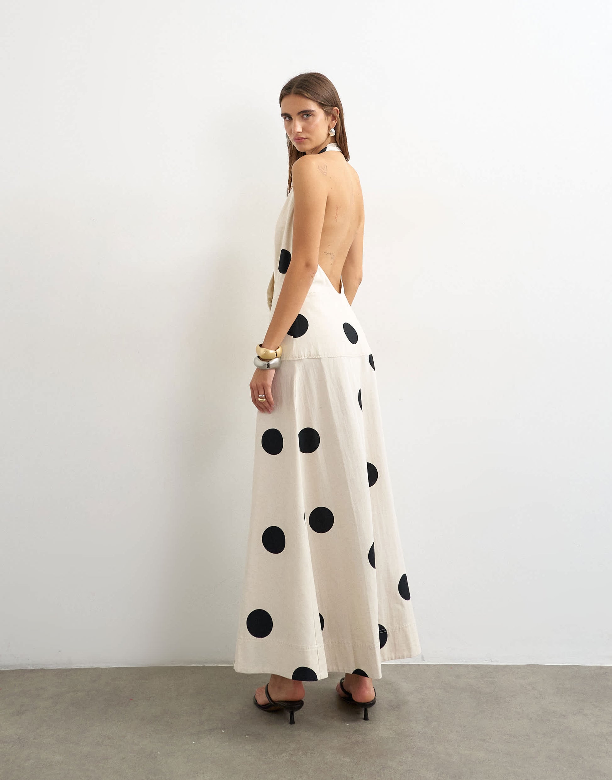 Topshop premium halter neck wrap maxi dress in natural mono polka dot