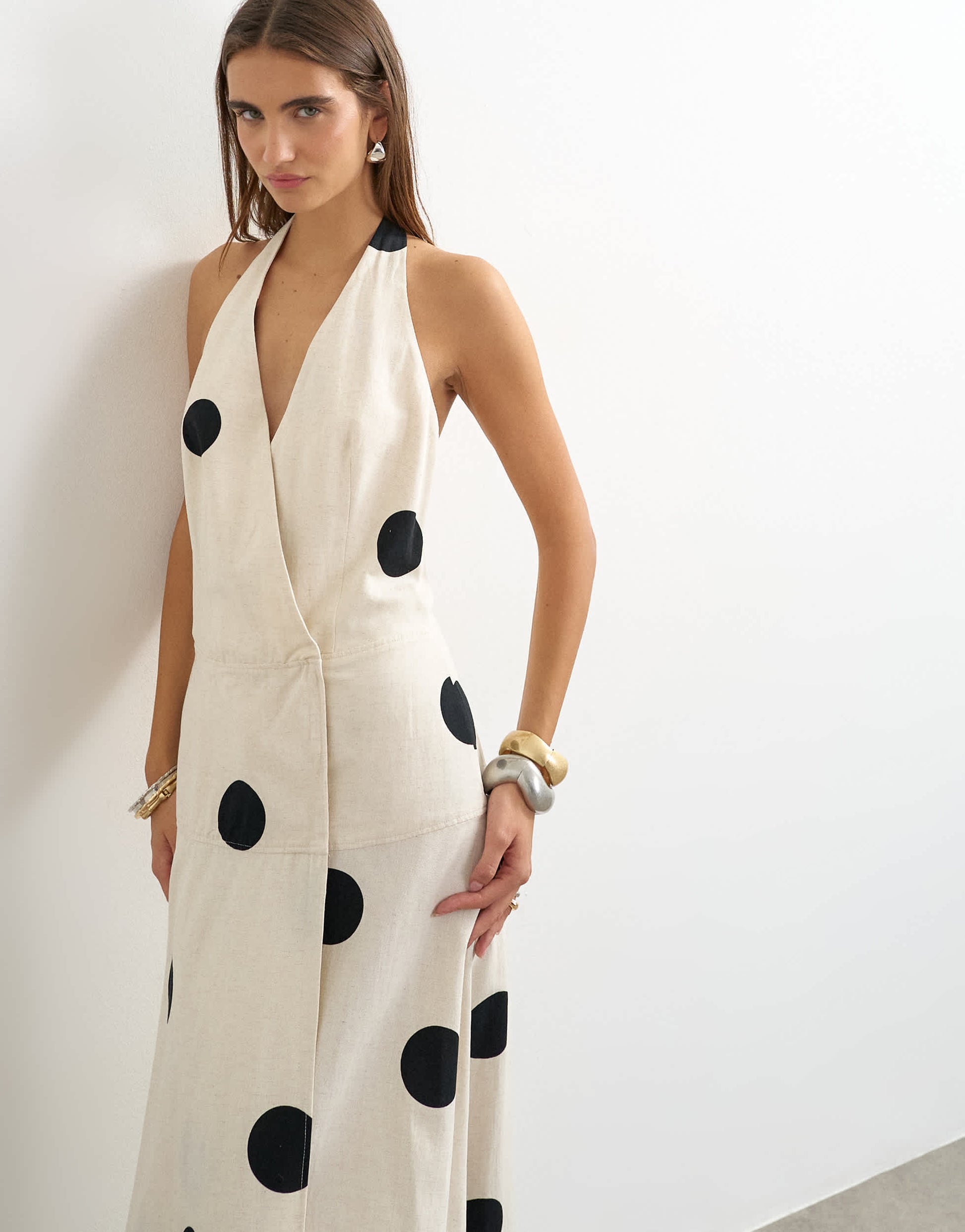Topshop premium halter neck wrap maxi dress in natural mono polka dot