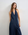 Topshop premium linen rich halter neck wrap maxi dress in dark navy