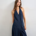 Topshop premium linen rich halter neck wrap maxi dress in dark navy