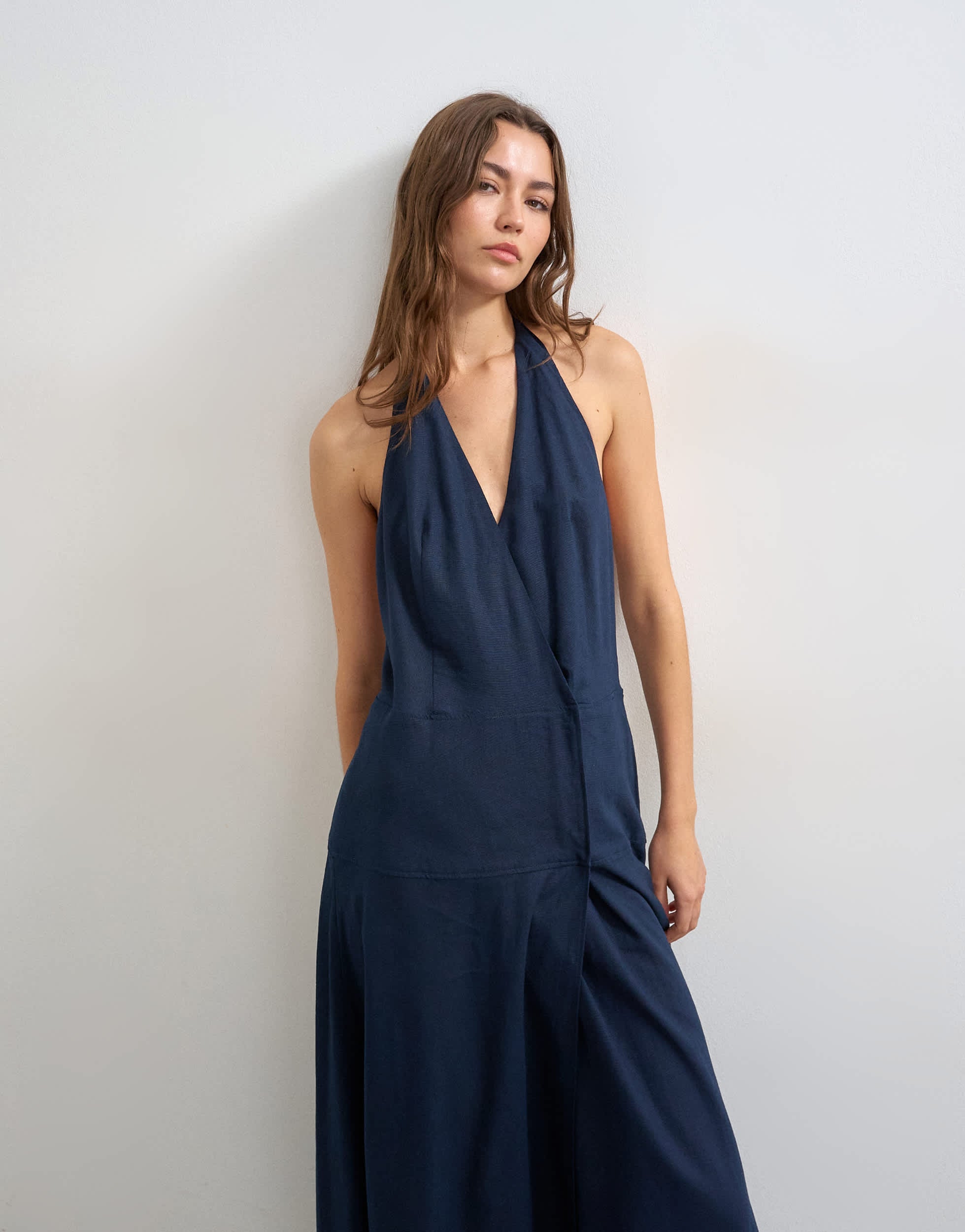 Topshop premium linen rich halter neck wrap maxi dress in dark navy
