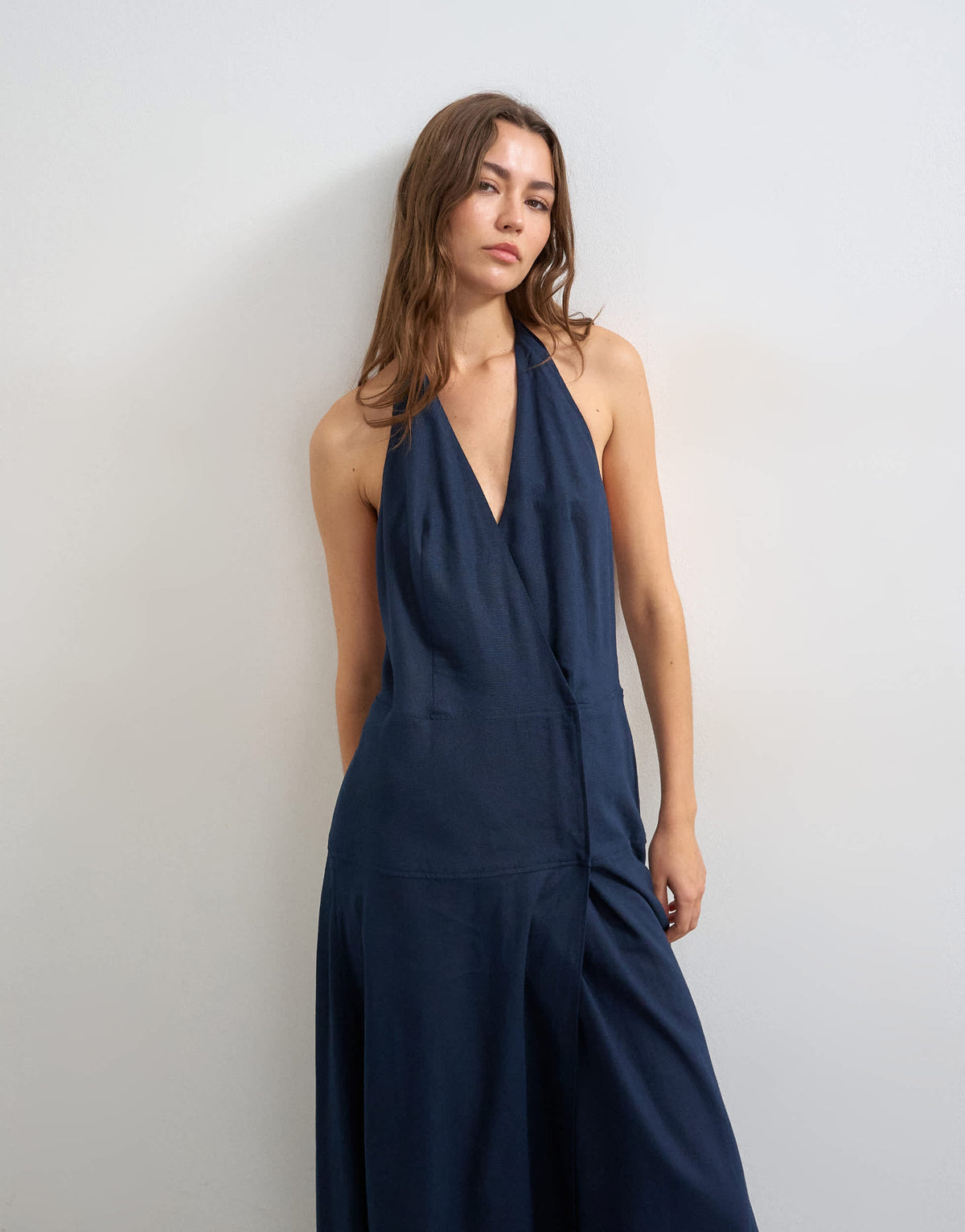 Topshop premium linen rich halter neck wrap maxi dress in dark navy