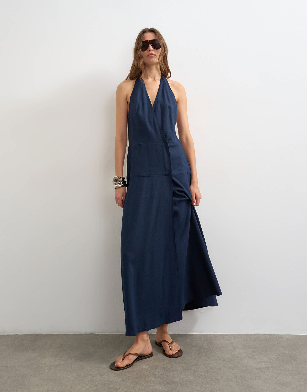 Topshop premium linen rich halter neck wrap maxi dress in dark navy