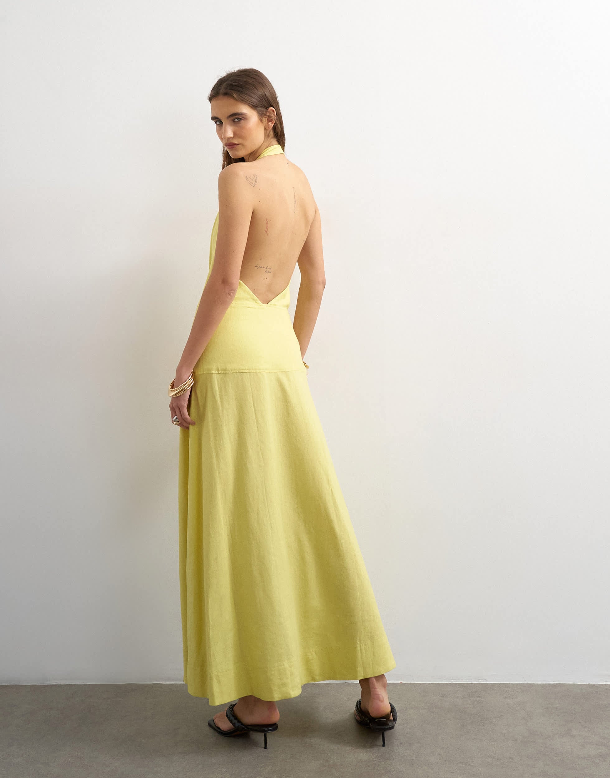 Topshop premium linen rich halter neck wrap maxi dress in muted lime