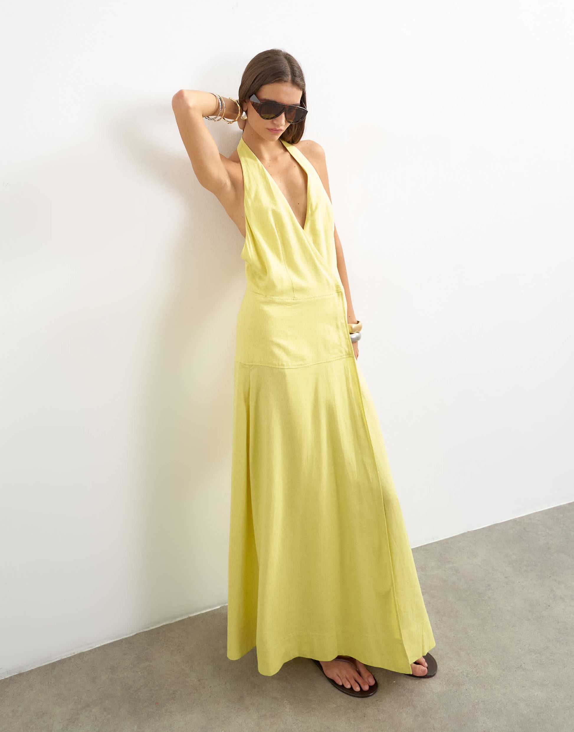 Topshop premium linen rich halter neck wrap maxi dress in muted lime