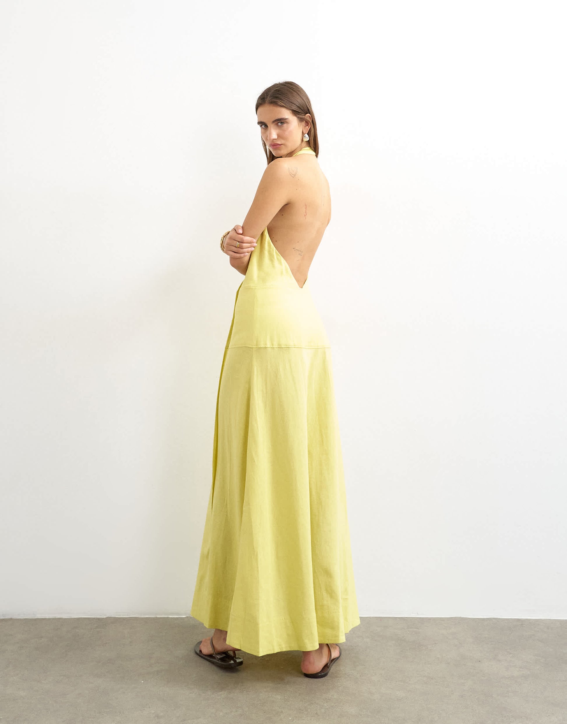 Topshop premium linen rich halter neck wrap maxi dress in muted lime