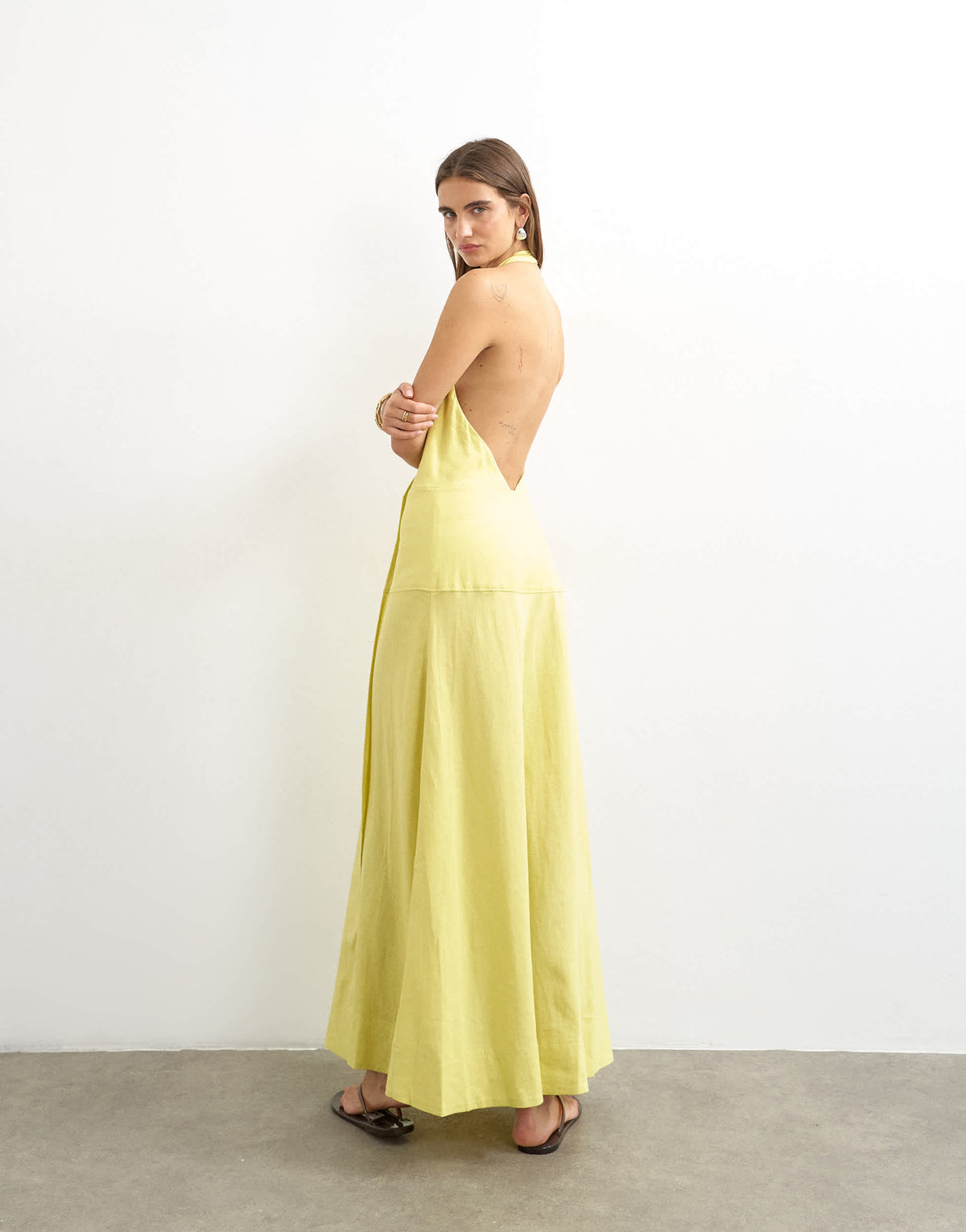 Topshop premium linen rich halter neck wrap maxi dress in muted lime