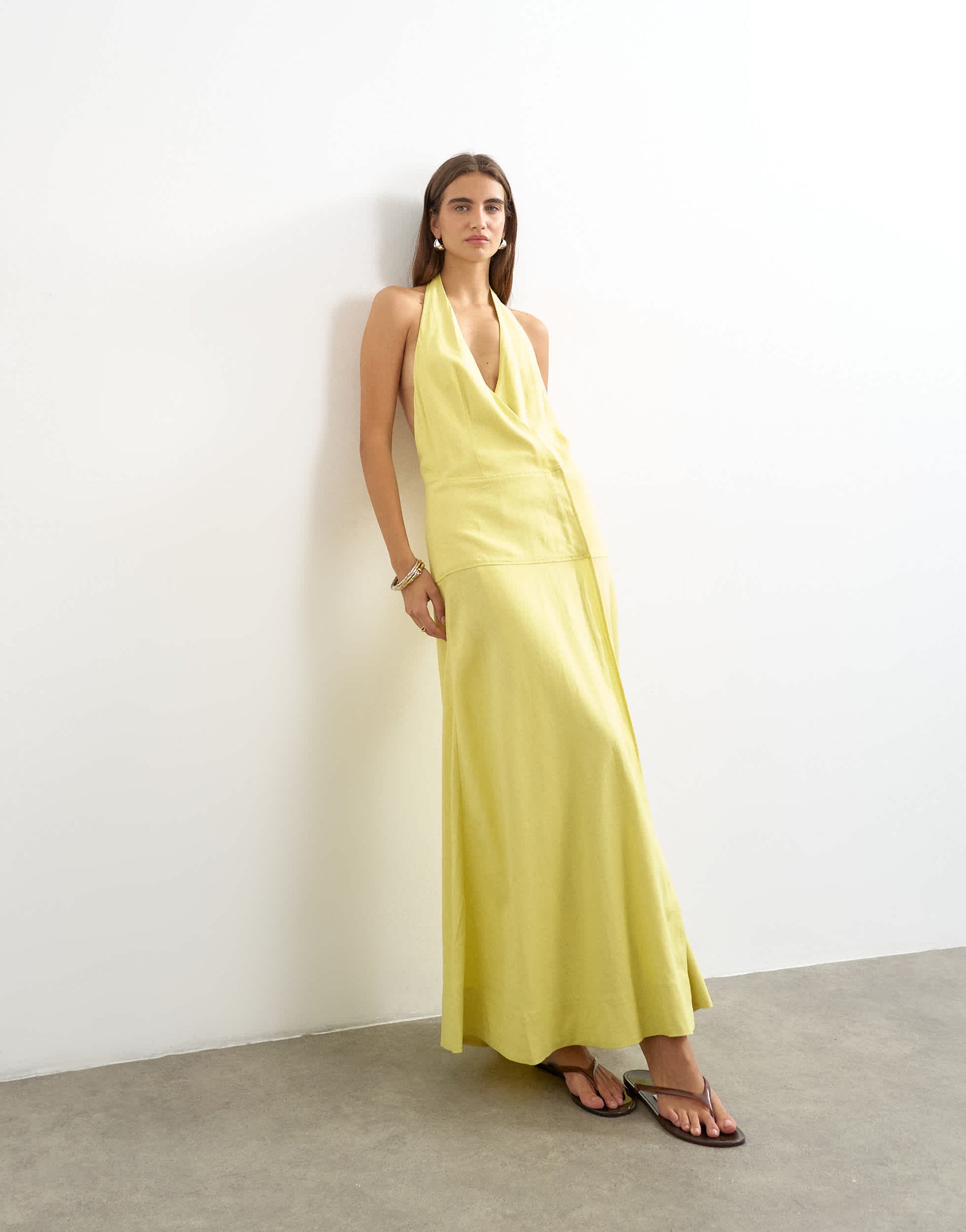 Topshop premium linen rich halter neck wrap maxi dress in muted lime