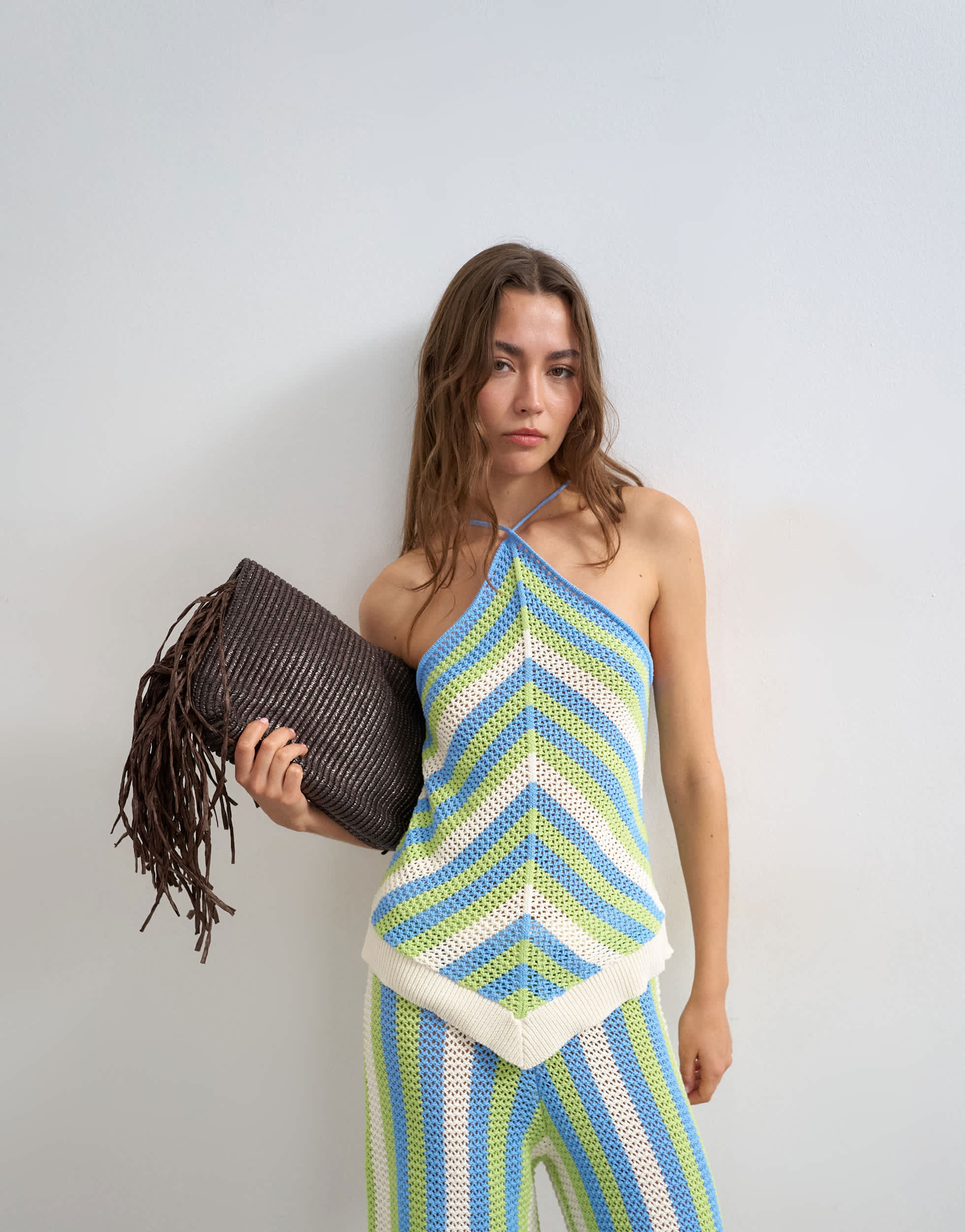 Topshop knitted mix stripe co-ord stitchy halter top in green and blue multi