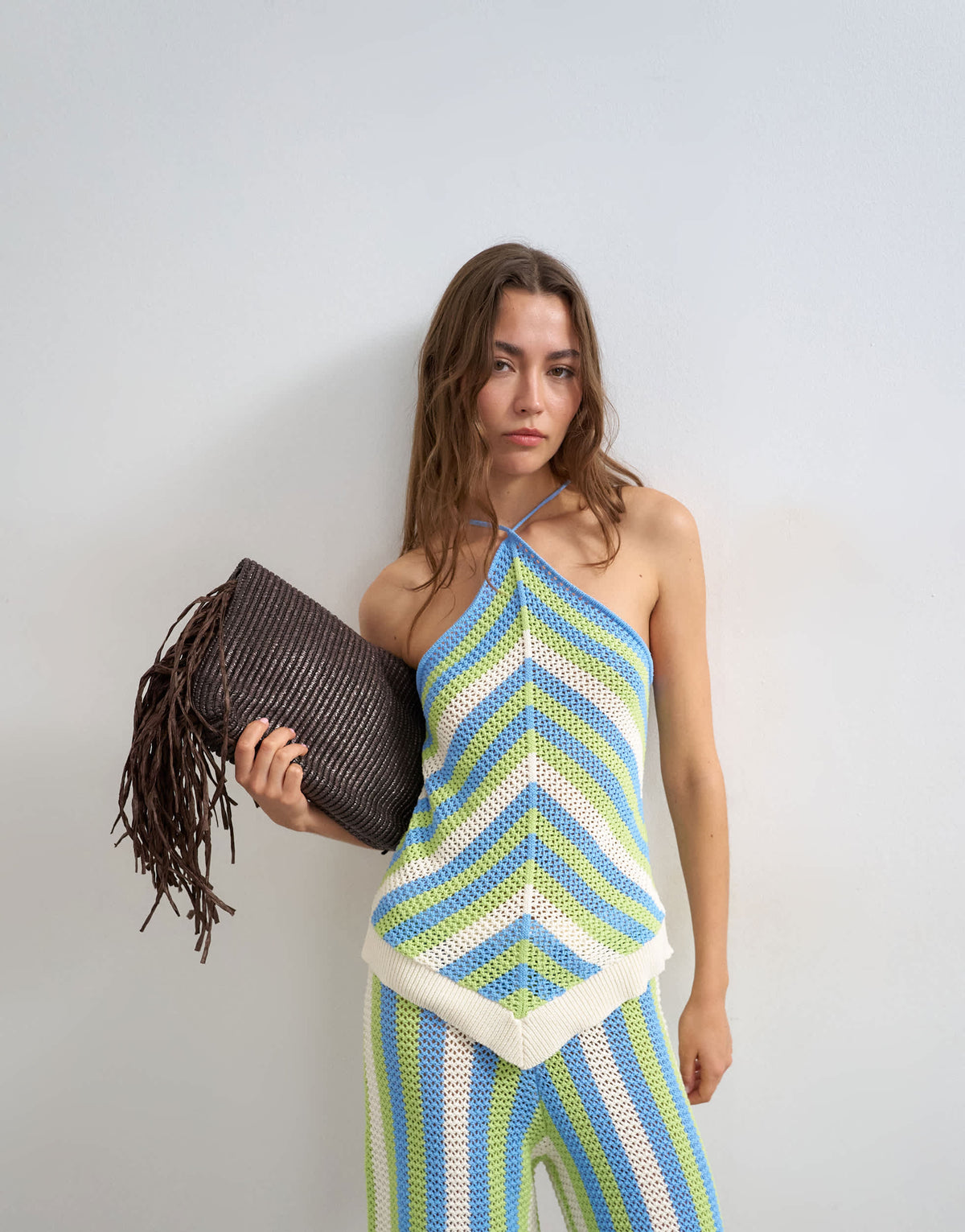 Topshop knitted mix stripe co-ord stitchy halter top in green and blue multi