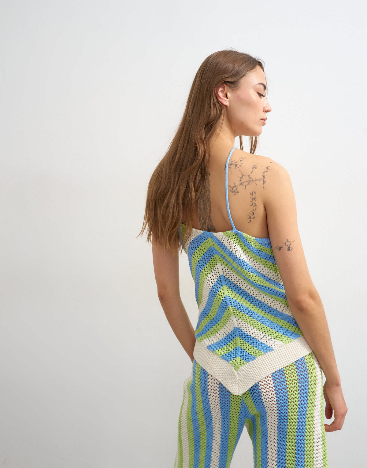 Topshop knitted mix stripe co-ord stitchy halter top in green and blue multi