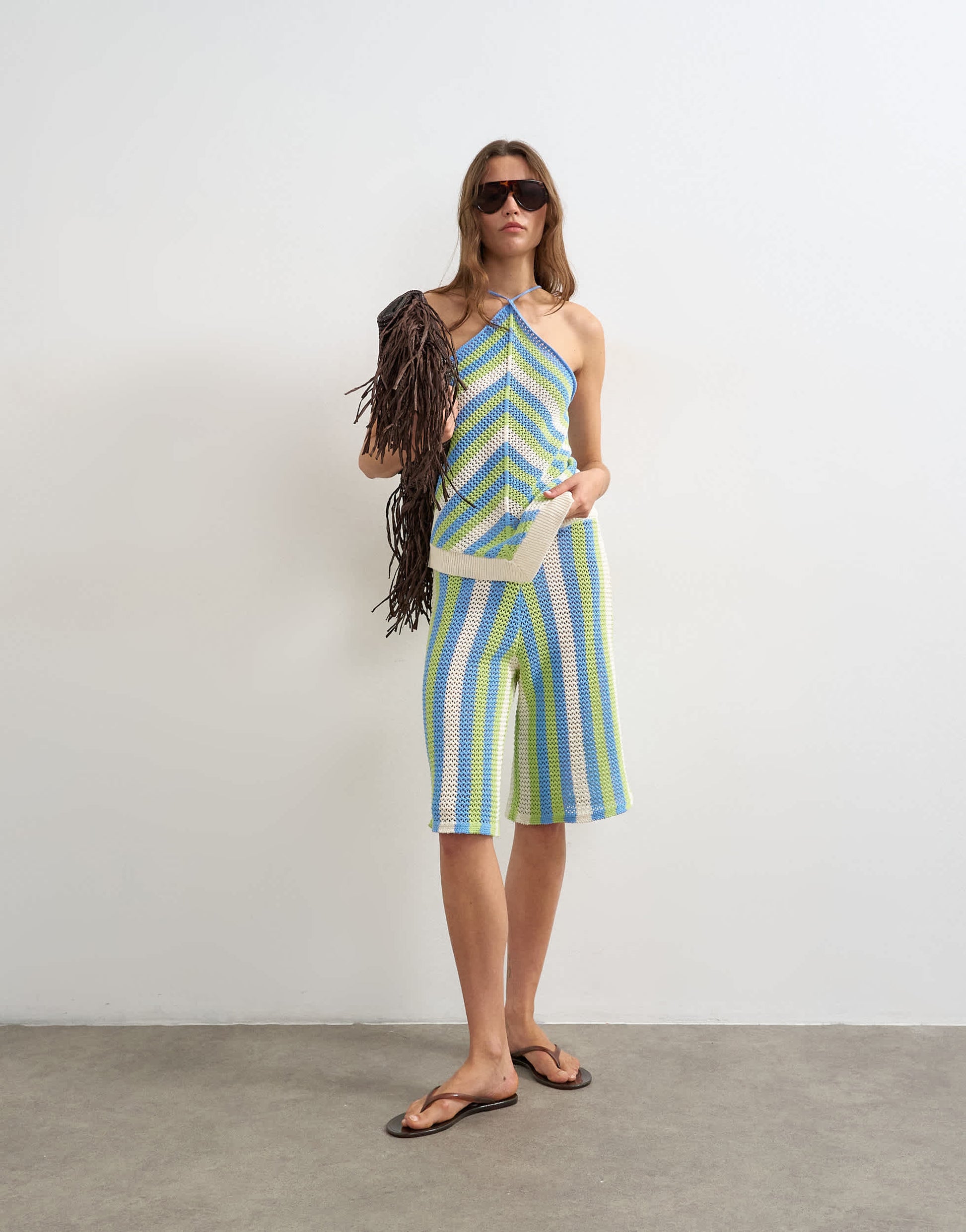 Topshop knitted mix stripe co-ord longline jort in green and blue multi