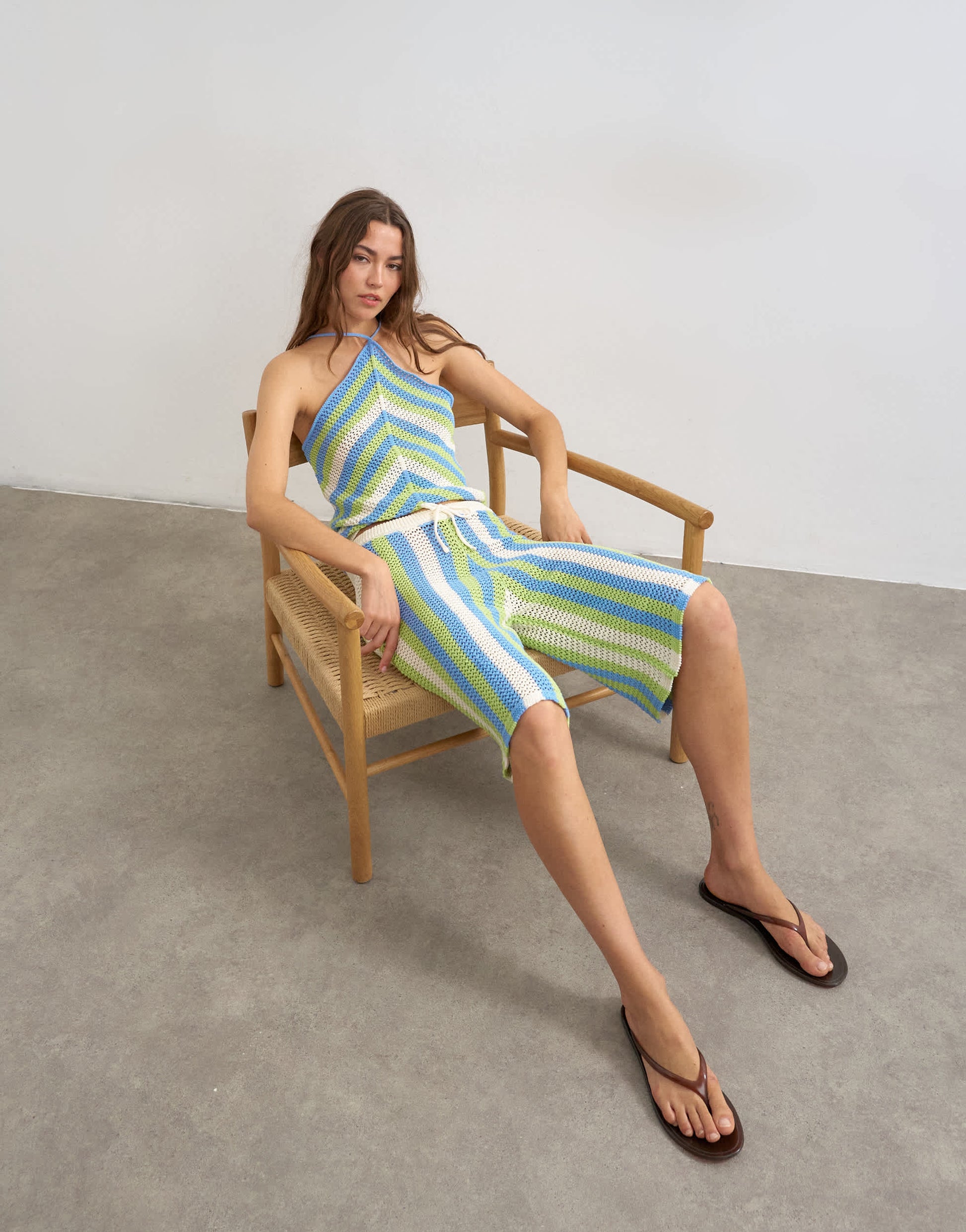 Topshop knitted mix stripe co-ord longline jort in green and blue multi