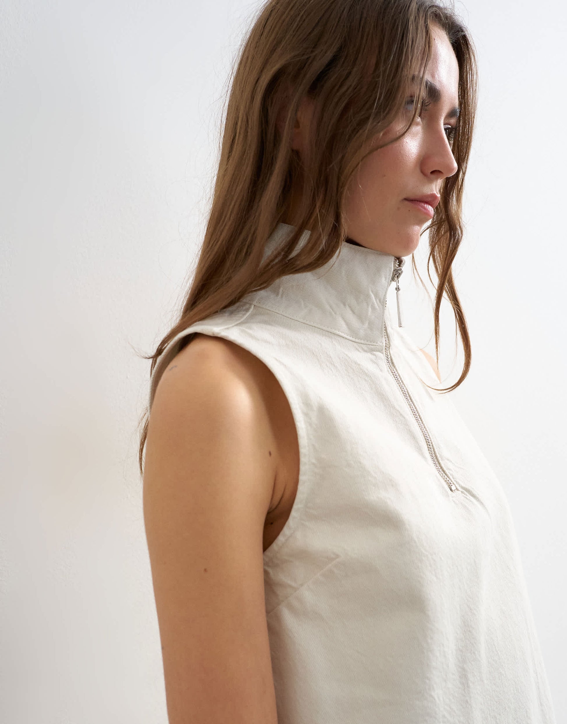 Topshop denim funnel neck pinny dress in bone