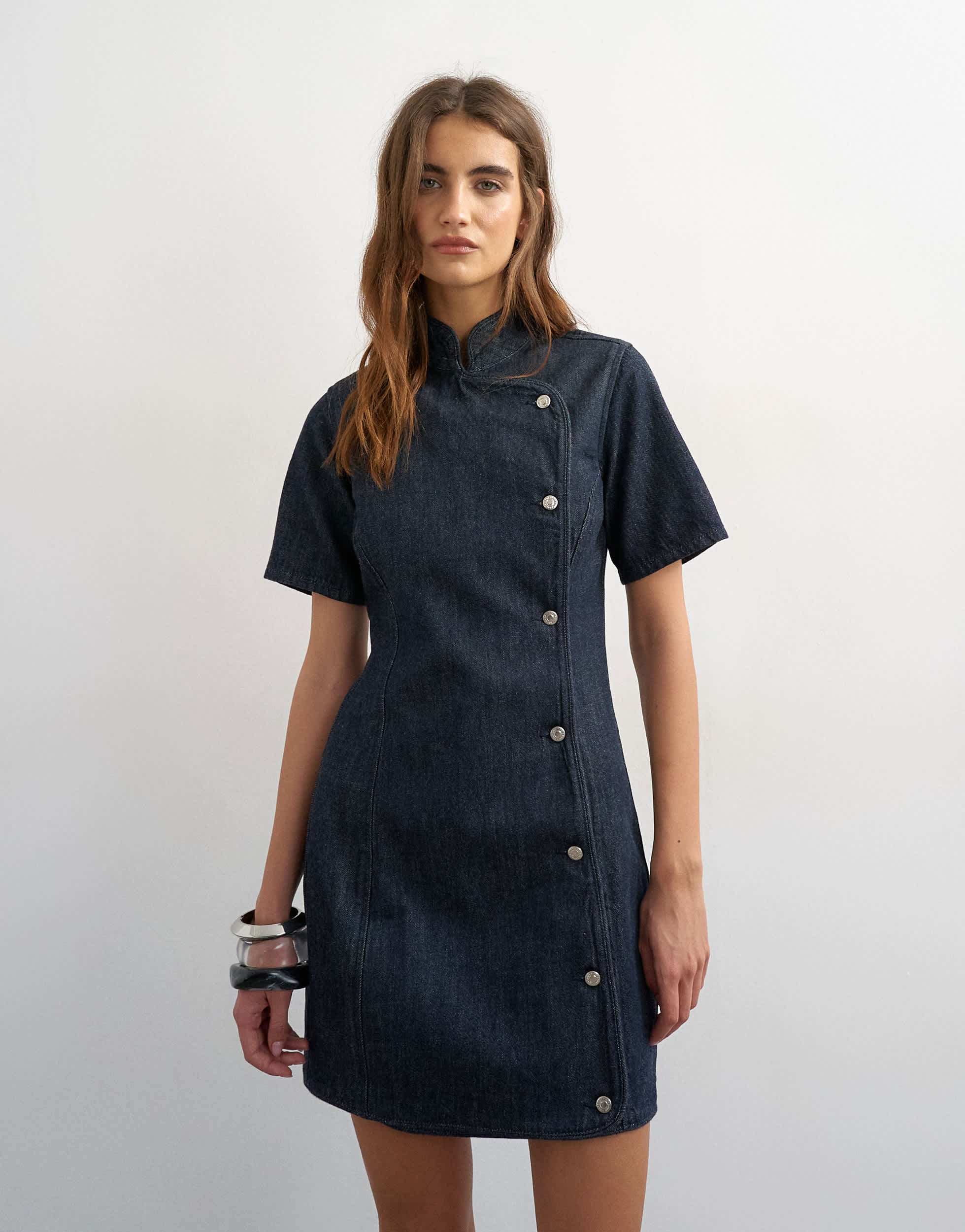 Topshop denim mandarin collared mini dress in indigo rinse