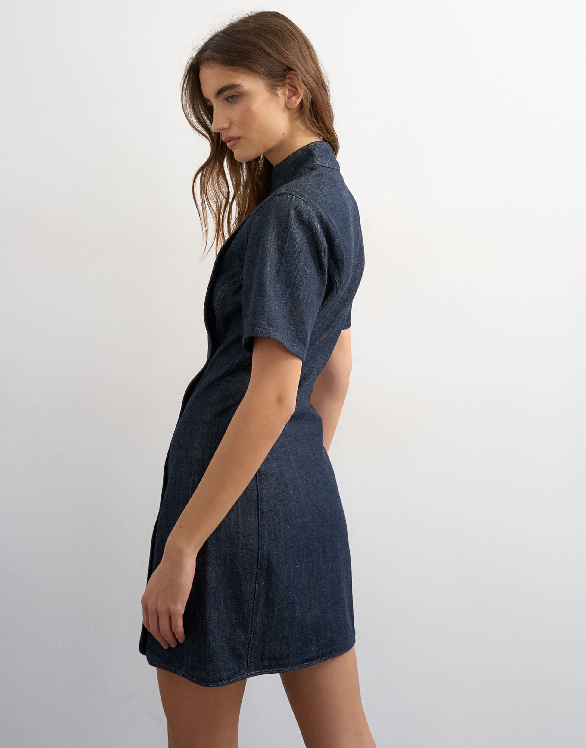 Topshop denim mandarin collared mini dress in indigo rinse