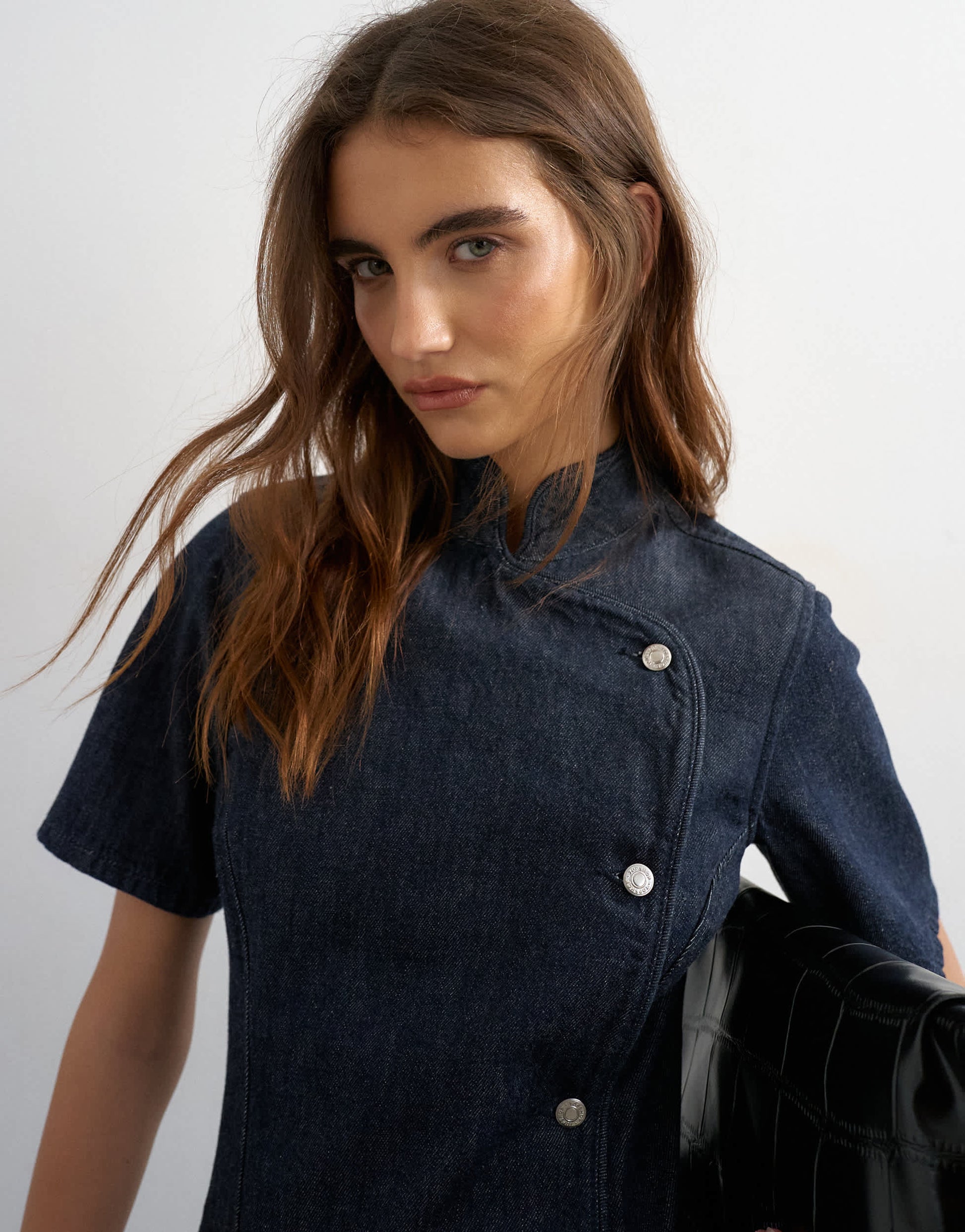Topshop denim mandarin collared mini dress in indigo rinse