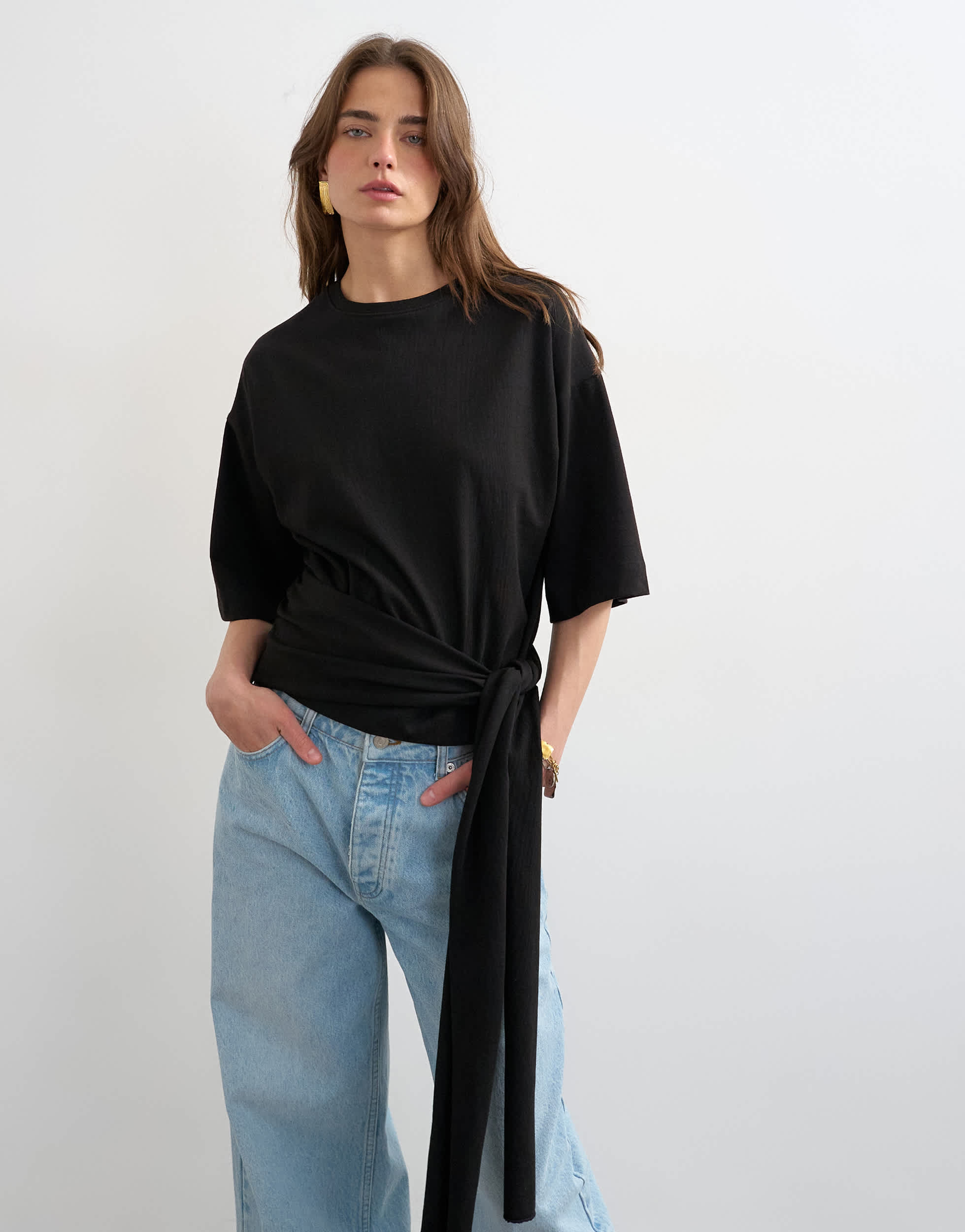 Topshop wrap waist tie detail top in black