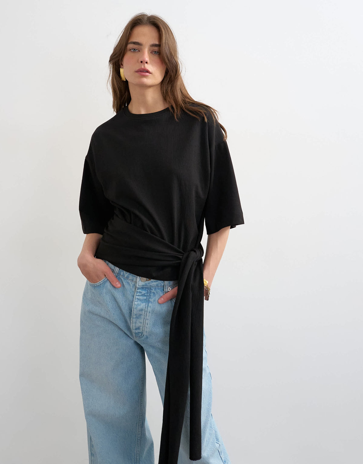 Topshop wrap waist tie detail top in black
