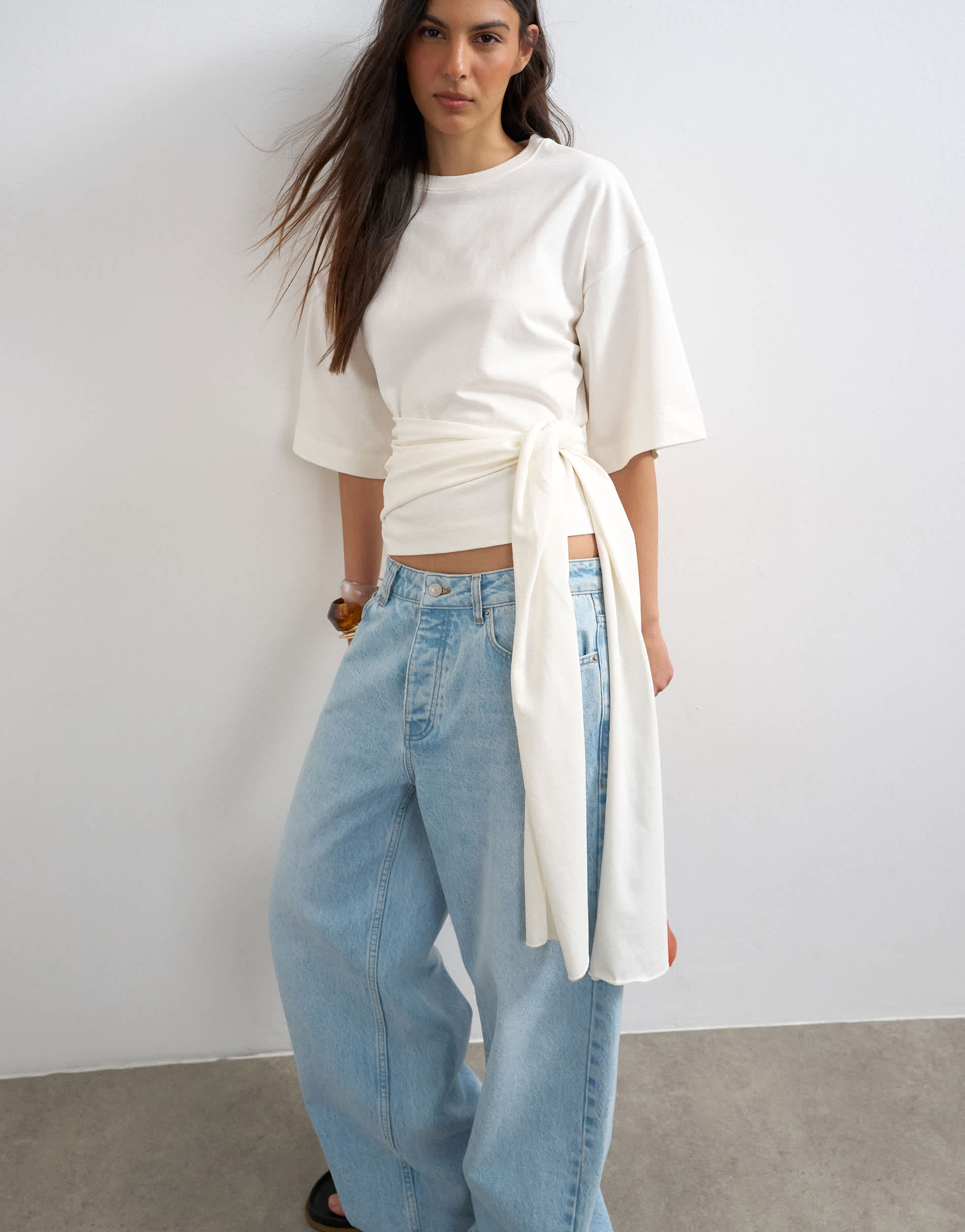 Topshop wrap waist tie detail top in ivory