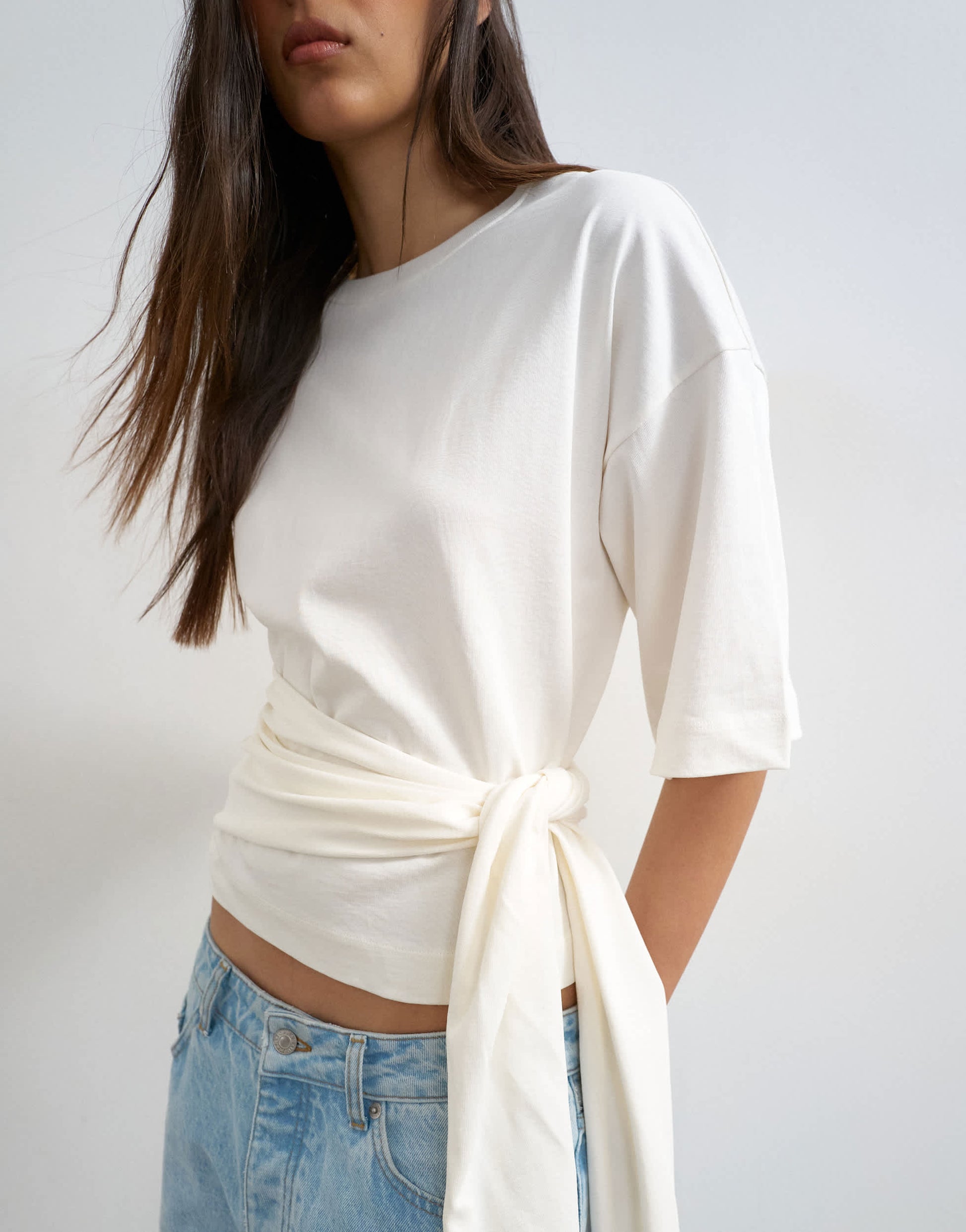 Topshop wrap waist tie detail top in ivory