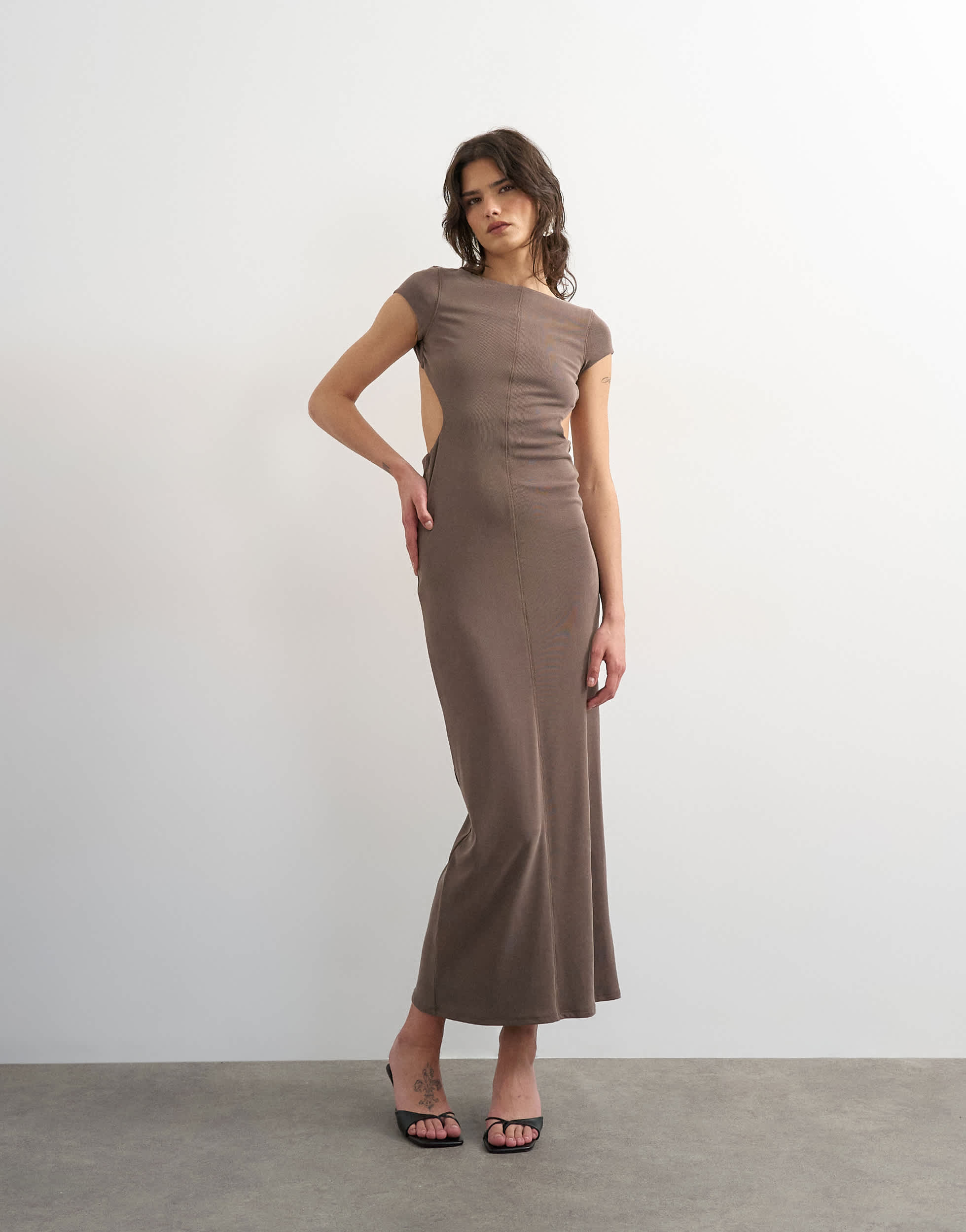 Topshop soft touch double layer cupro cut out maxi in khaki
