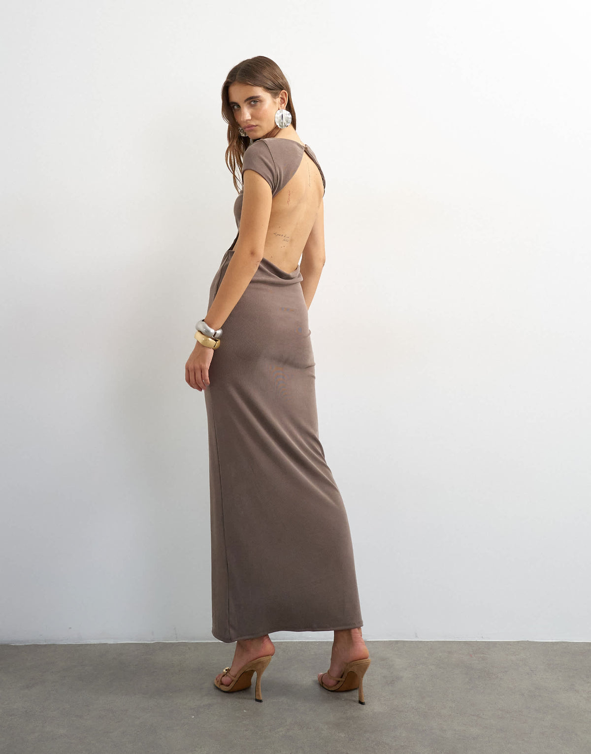 Topshop soft touch double layer cupro cut out maxi dress in khaki