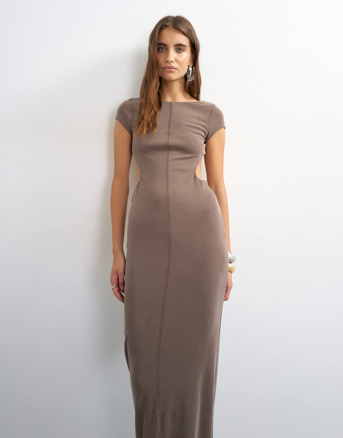 Topshop soft touch double layer cupro cut out maxi dress in khaki
