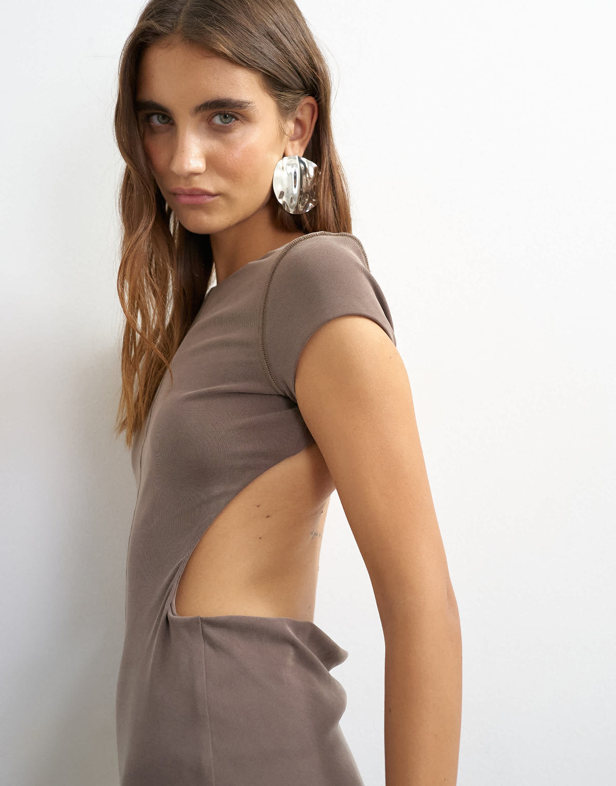 Topshop soft touch double layer cupro cut out maxi dress in khaki