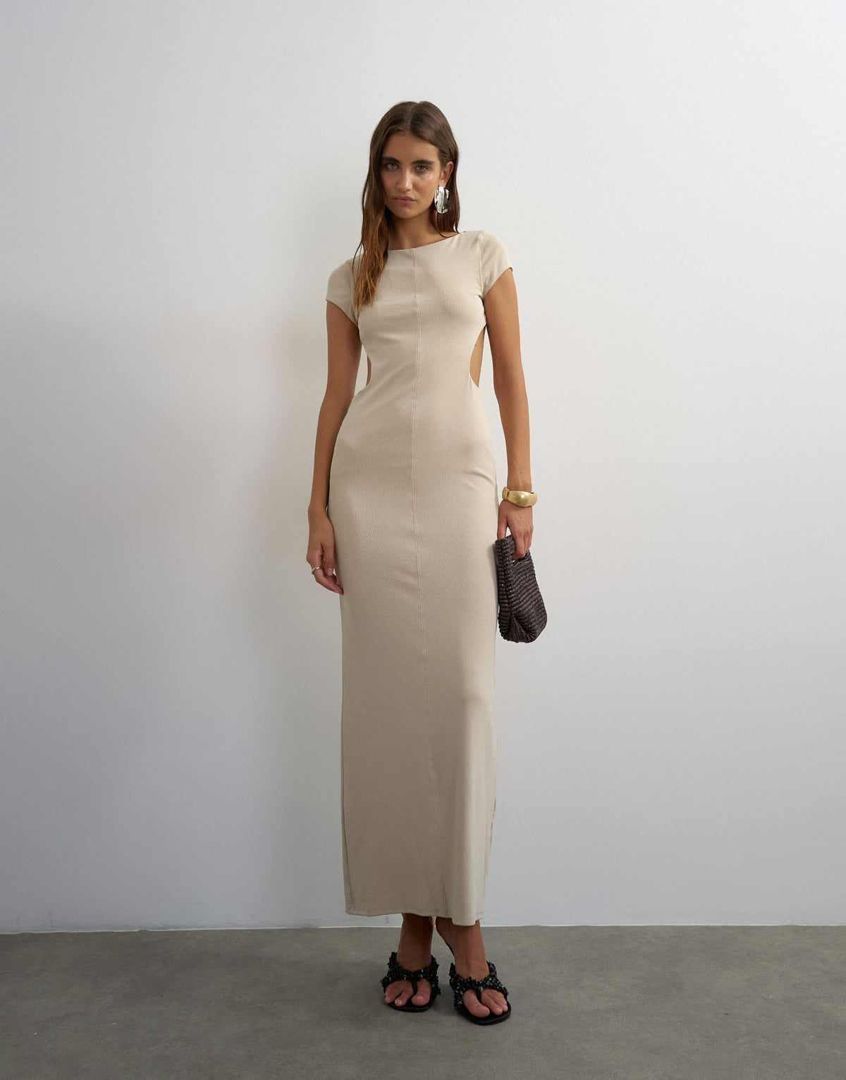 Topshop soft touch double layer cupro cut out maxi dress in beige