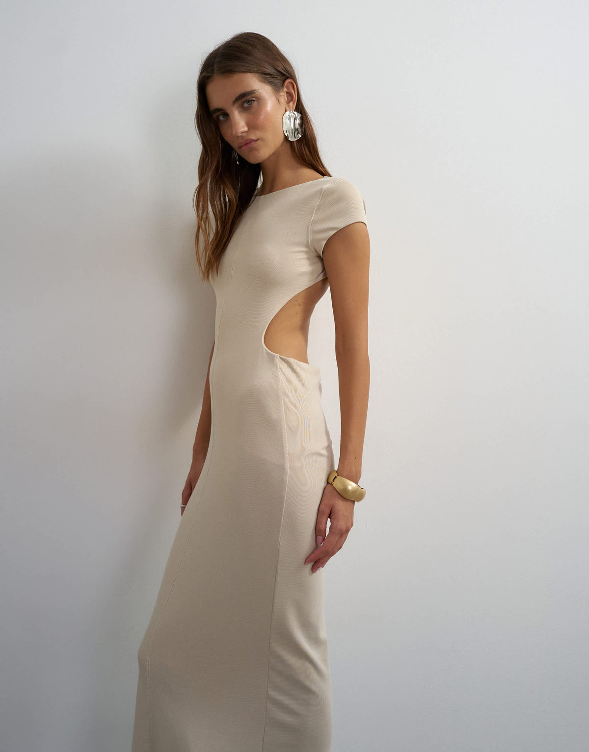 Topshop soft touch double layer cupro cut out maxi dress in beige