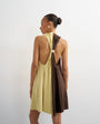 Topshop linen rich halter deep hem mini trapeze dress in brown and lime colour block