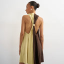 Topshop linen rich halter deep hem mini trapeze dress in brown and lime colour block