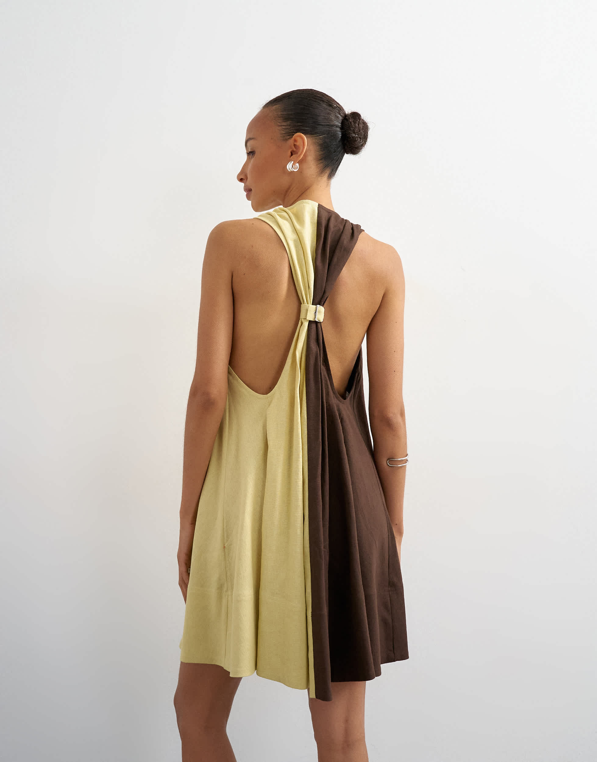 Topshop linen rich halter deep hem mini trapeze dress in brown and lime colour block