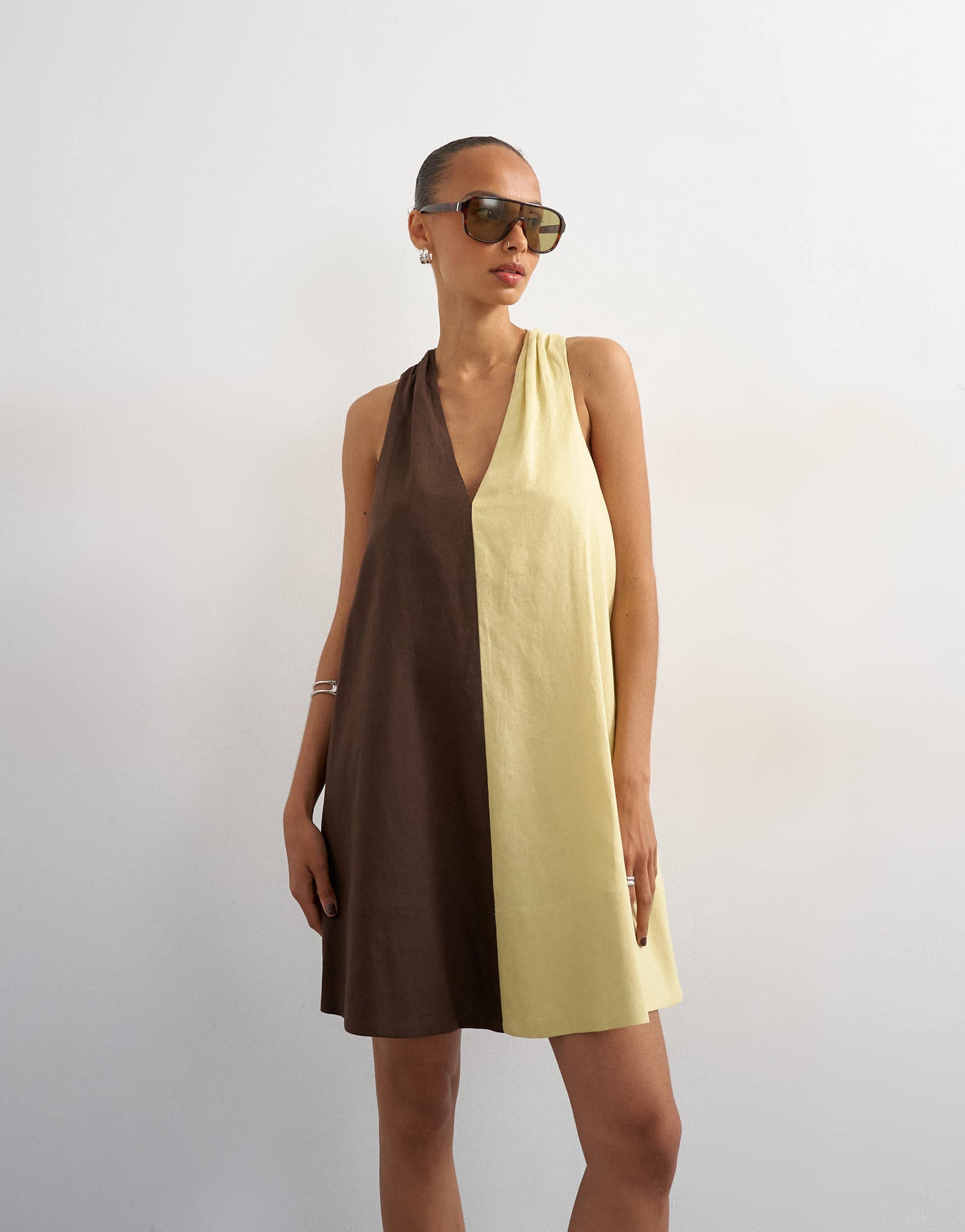 Topshop linen rich halter deep hem mini trapeze dress in brown and lime colour block