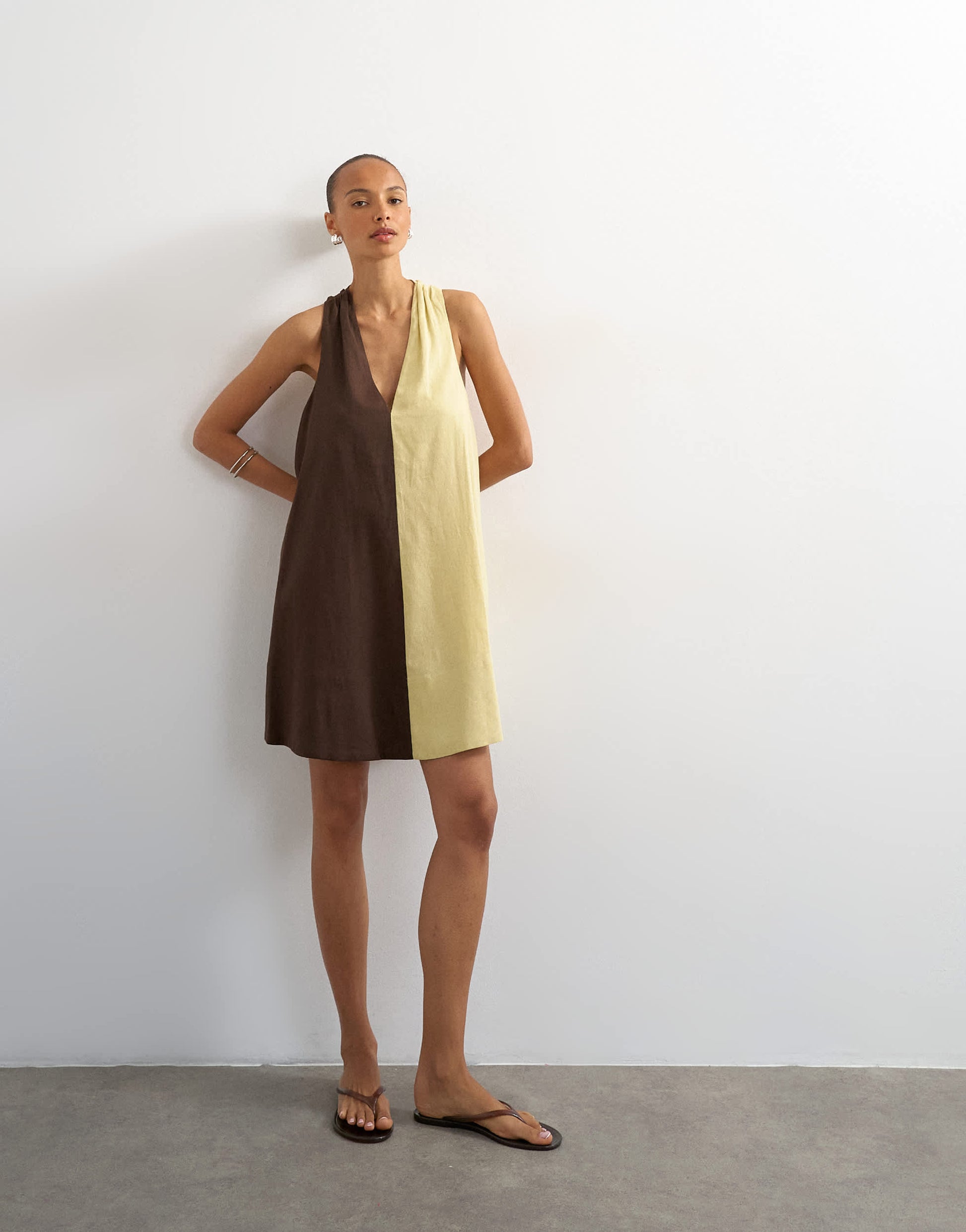 Topshop linen rich halter deep hem mini trapeze dress in brown and lime colour block